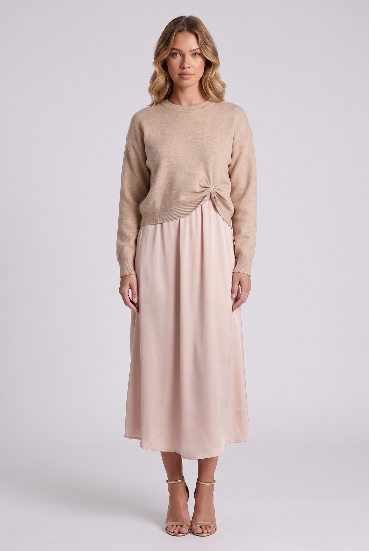 Colette Sweater & Satin Dress Set in Champagne, front view