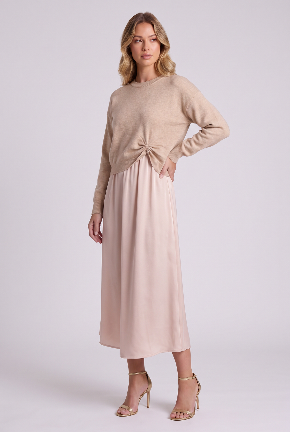 Colette Sweater & Satin Dress Set in Champagne, three-quarter view