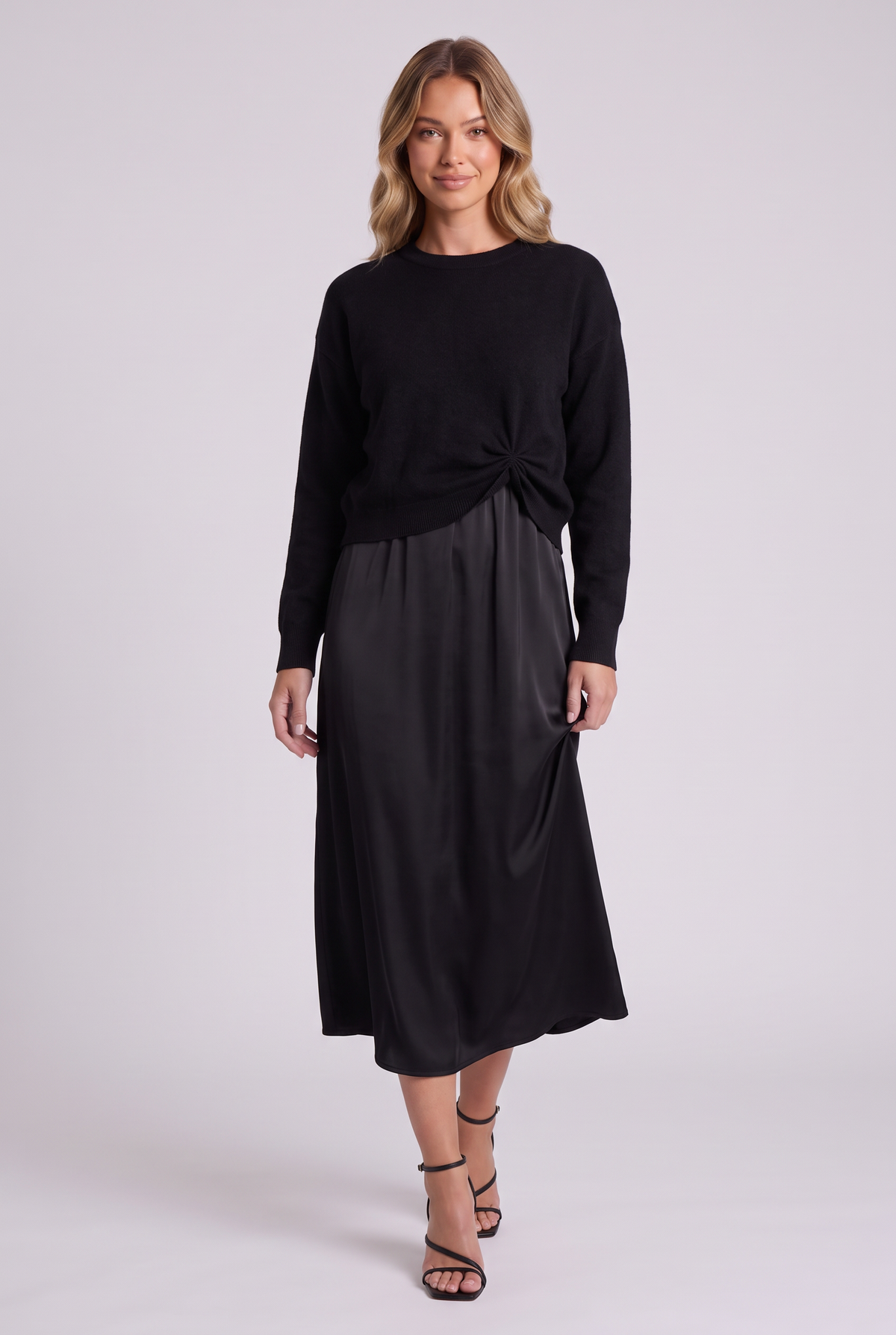 Colette Sweater & Satin Dress Set in Black, front view