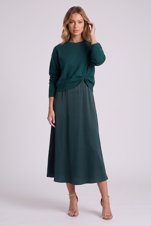Colette Sweater & Satin Dress Set in Green, front view
