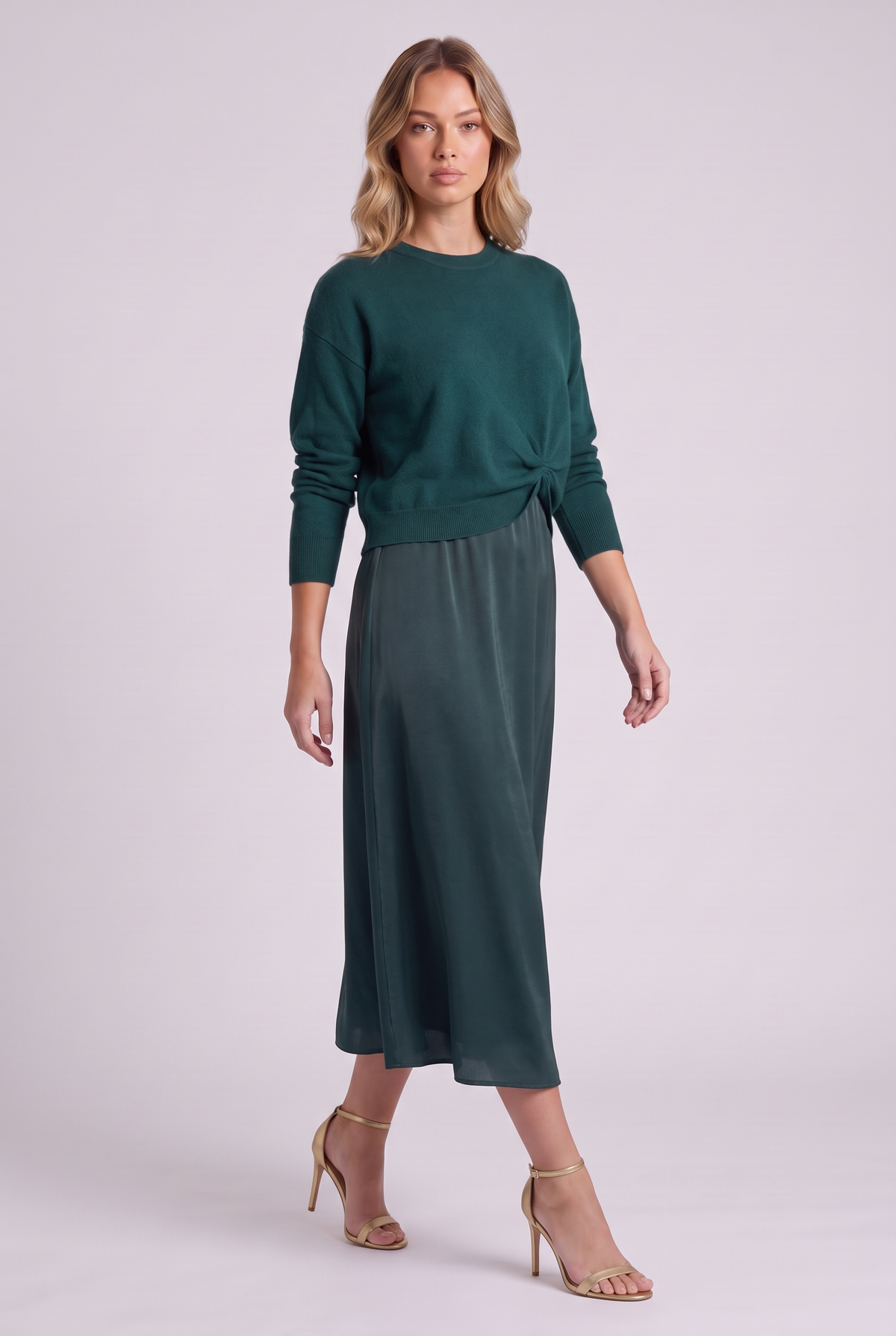 Colette Sweater & Satin Dress Set in Green, three-quarter view