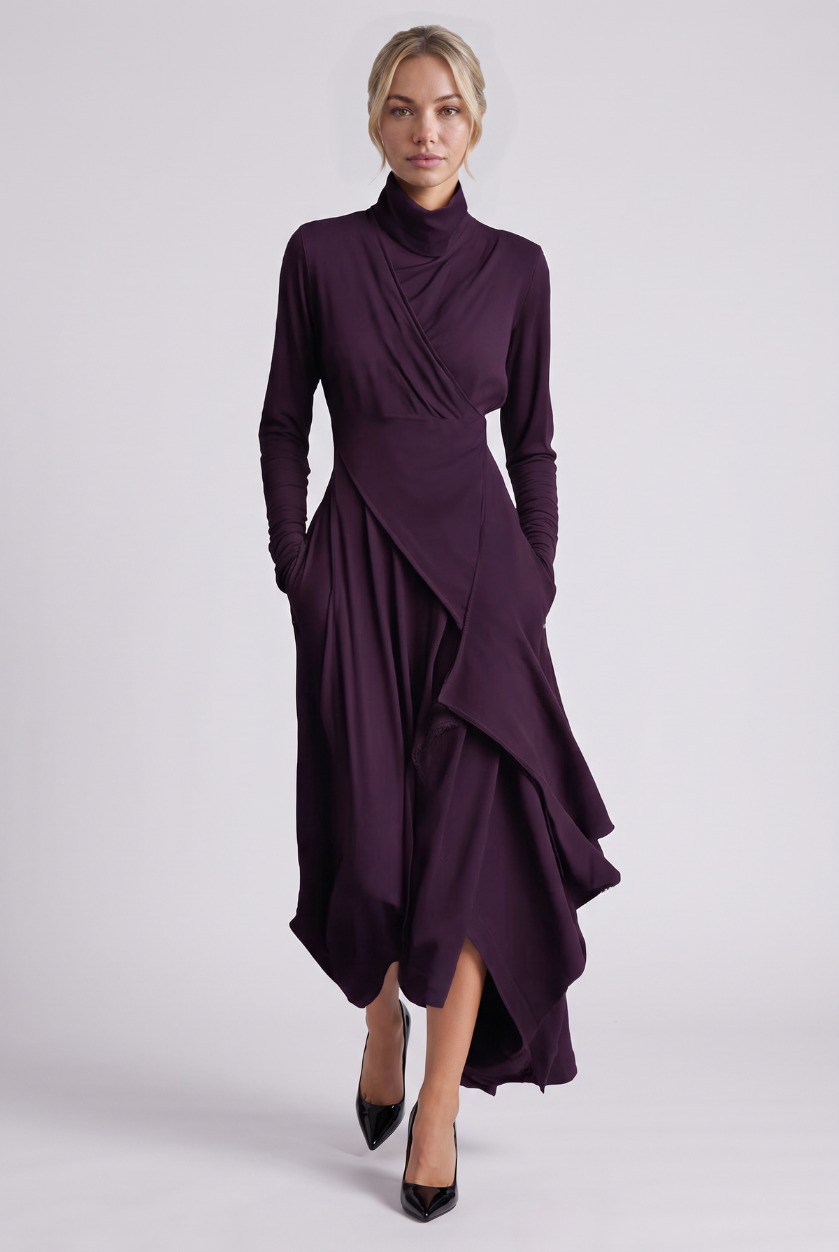 Aurelie Draped Turtleneck Maxi Dress in Purple, front view
