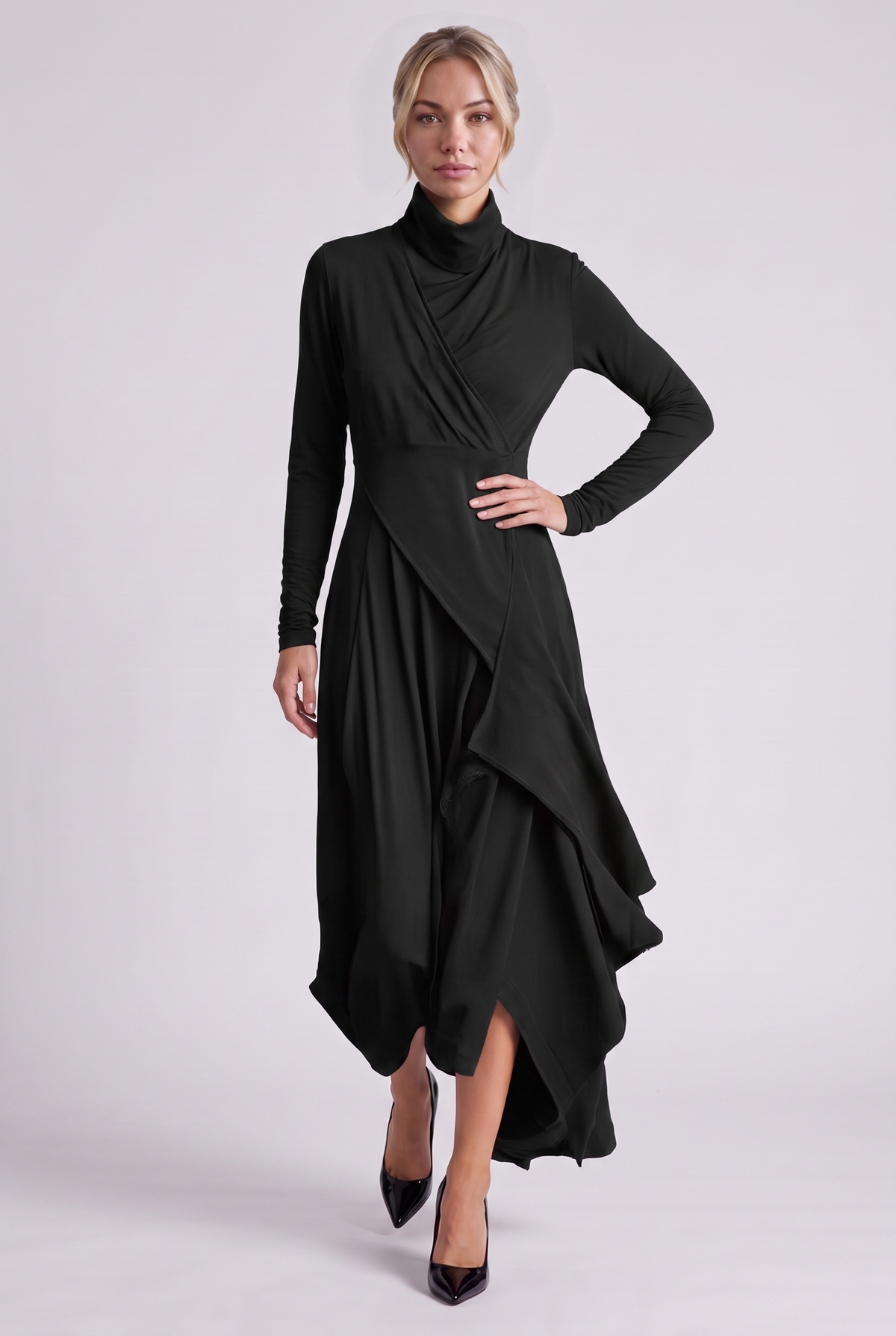 Aurelie Draped Turtleneck Maxi Dress in Black, front view