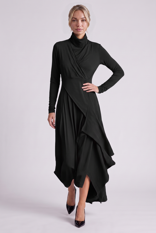 Aurelie Draped Turtleneck Maxi Dress in Black, front view