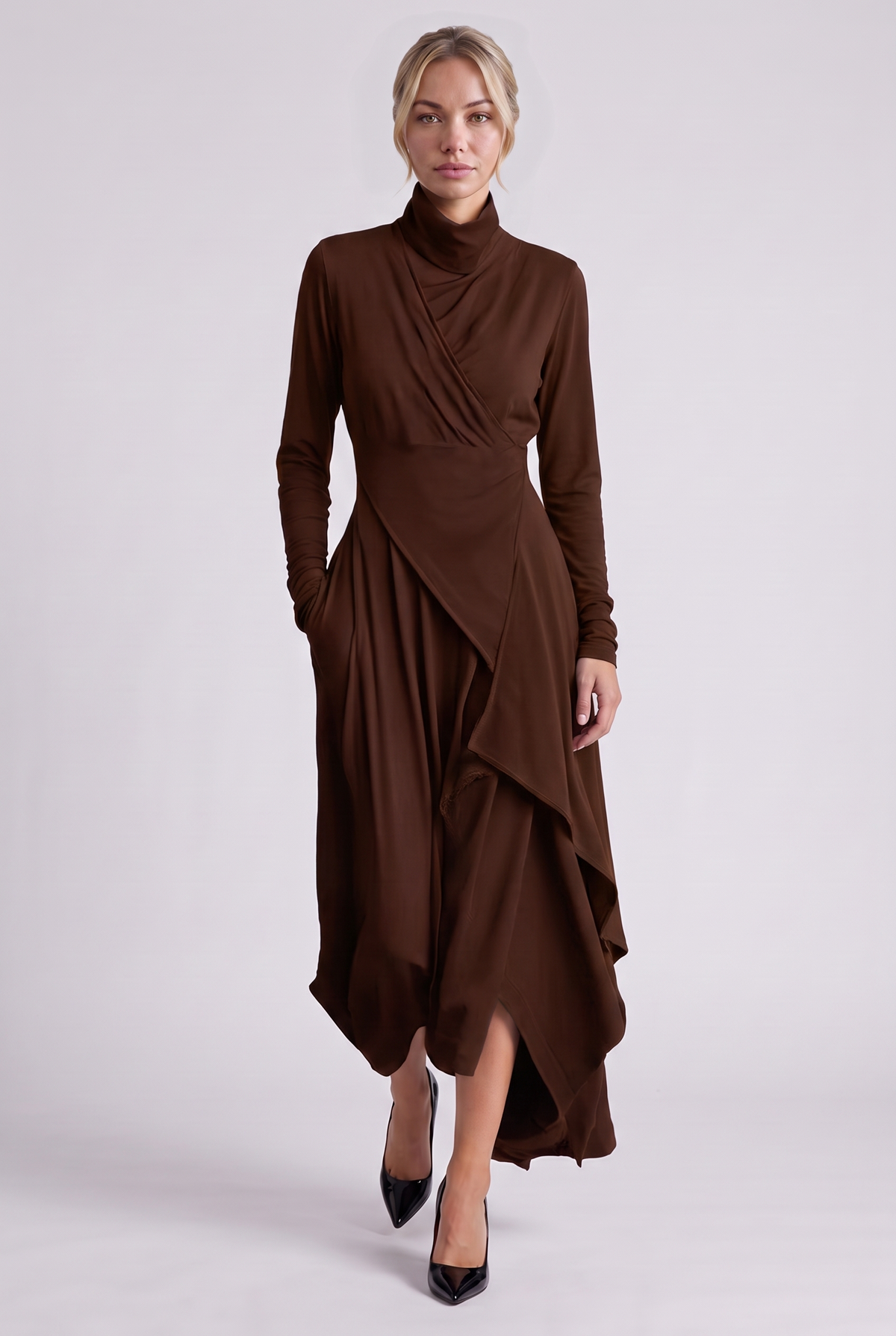 Aurelie Draped Turtleneck Maxi Dress in Brown, front view