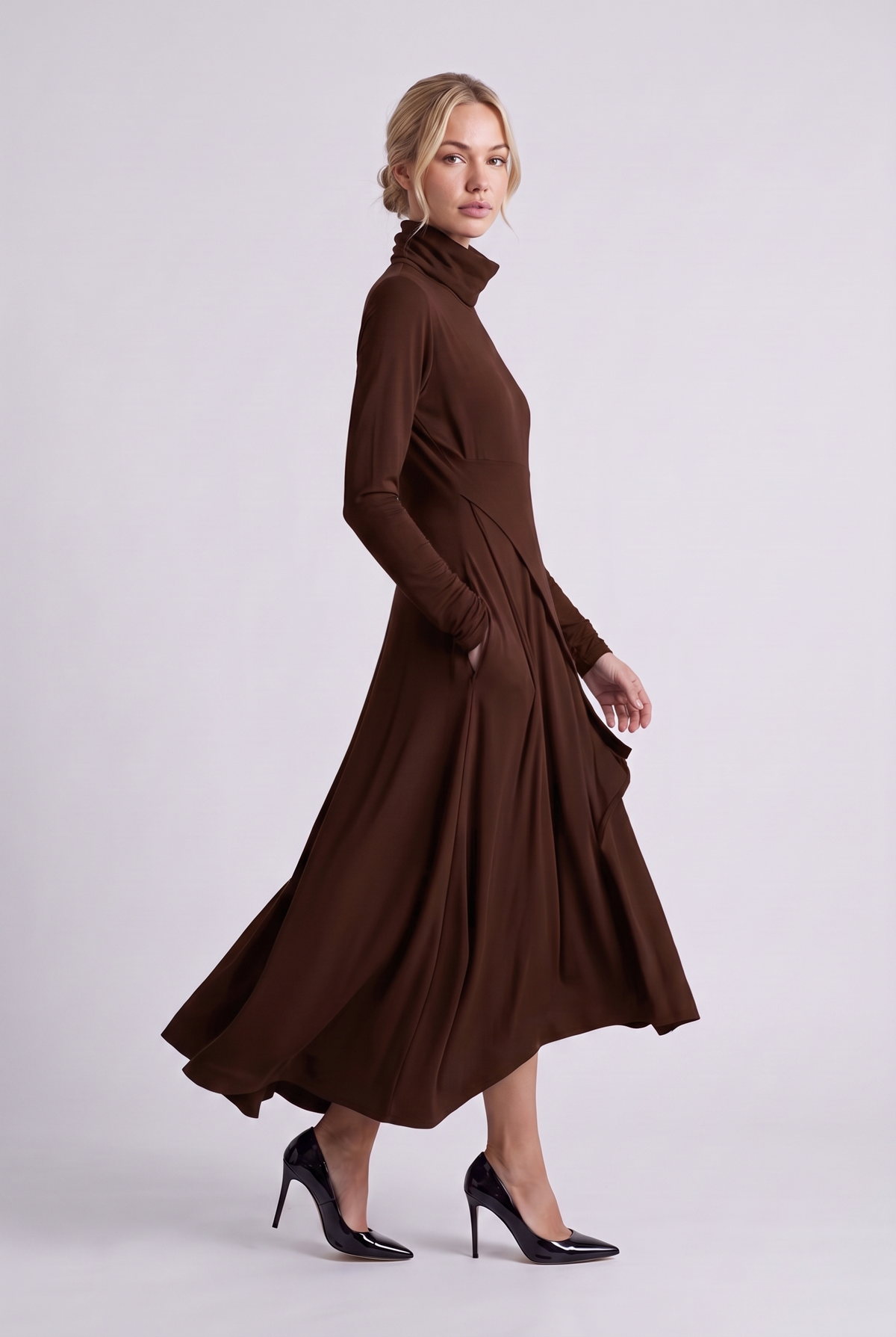 Aurelie Draped Turtleneck Maxi Dress in Brown, three-quarter view
