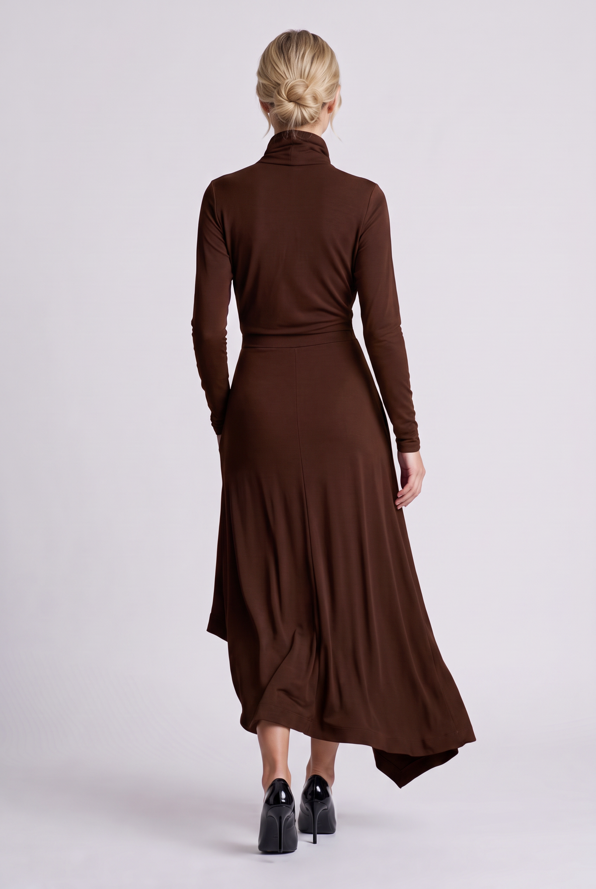 Aurelie Draped Turtleneck Maxi Dress in Brown, back view