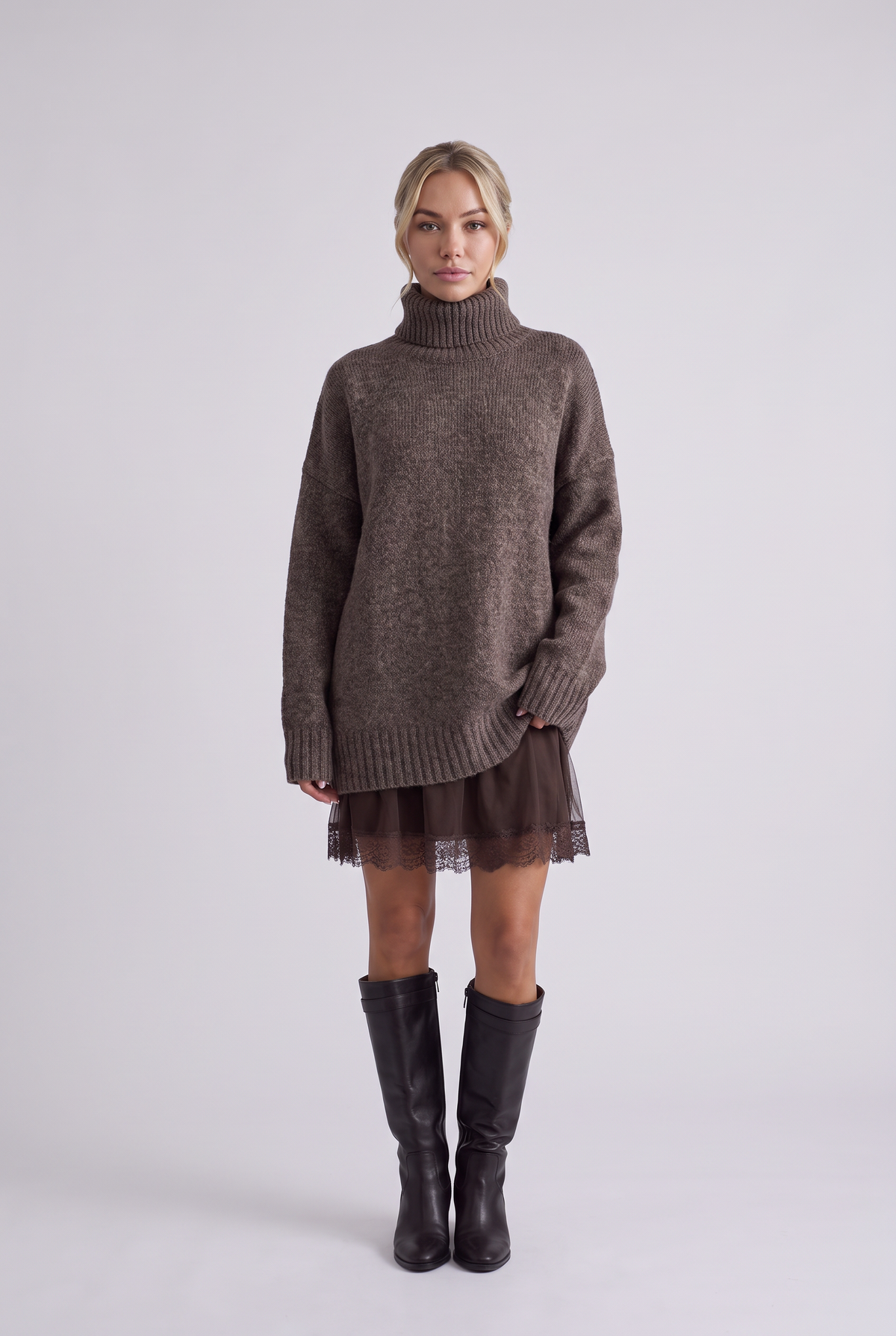 Brielle Oversized Turtleneck Sweater in Chocolate Brown, front view