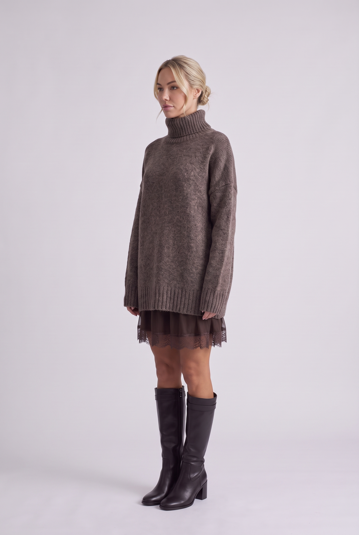 Brielle Oversized Turtleneck Sweater in Chocolate Brown, three-quarter view
