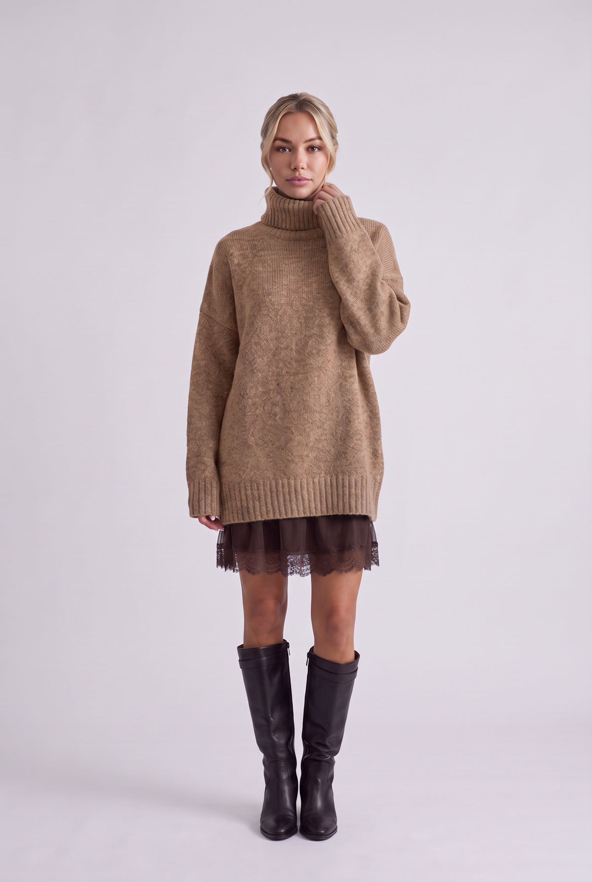 Brielle Oversized Turtleneck Sweater in Khaki, front view
