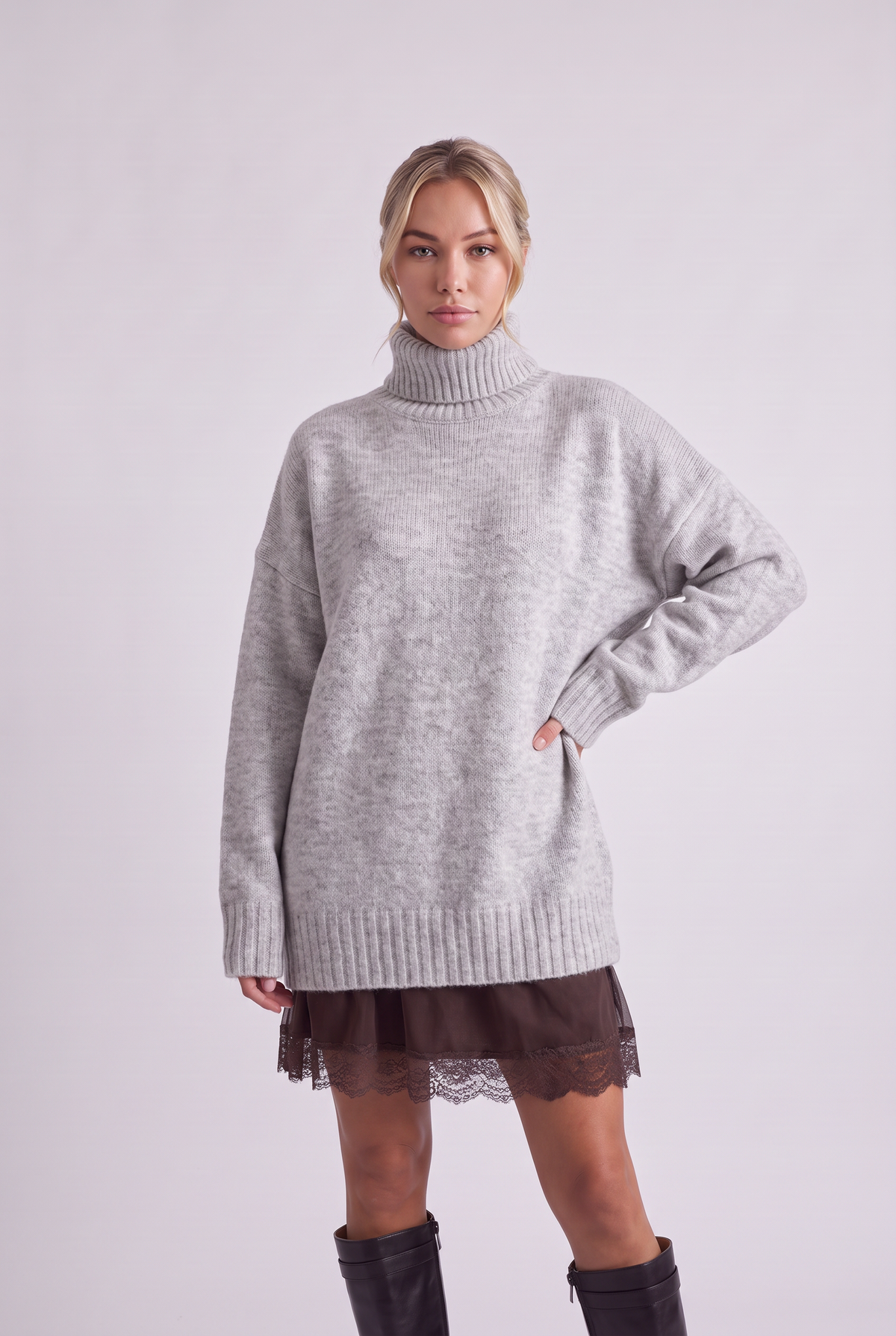 Brielle Oversized Turtleneck Sweater in Light Grey, front view
