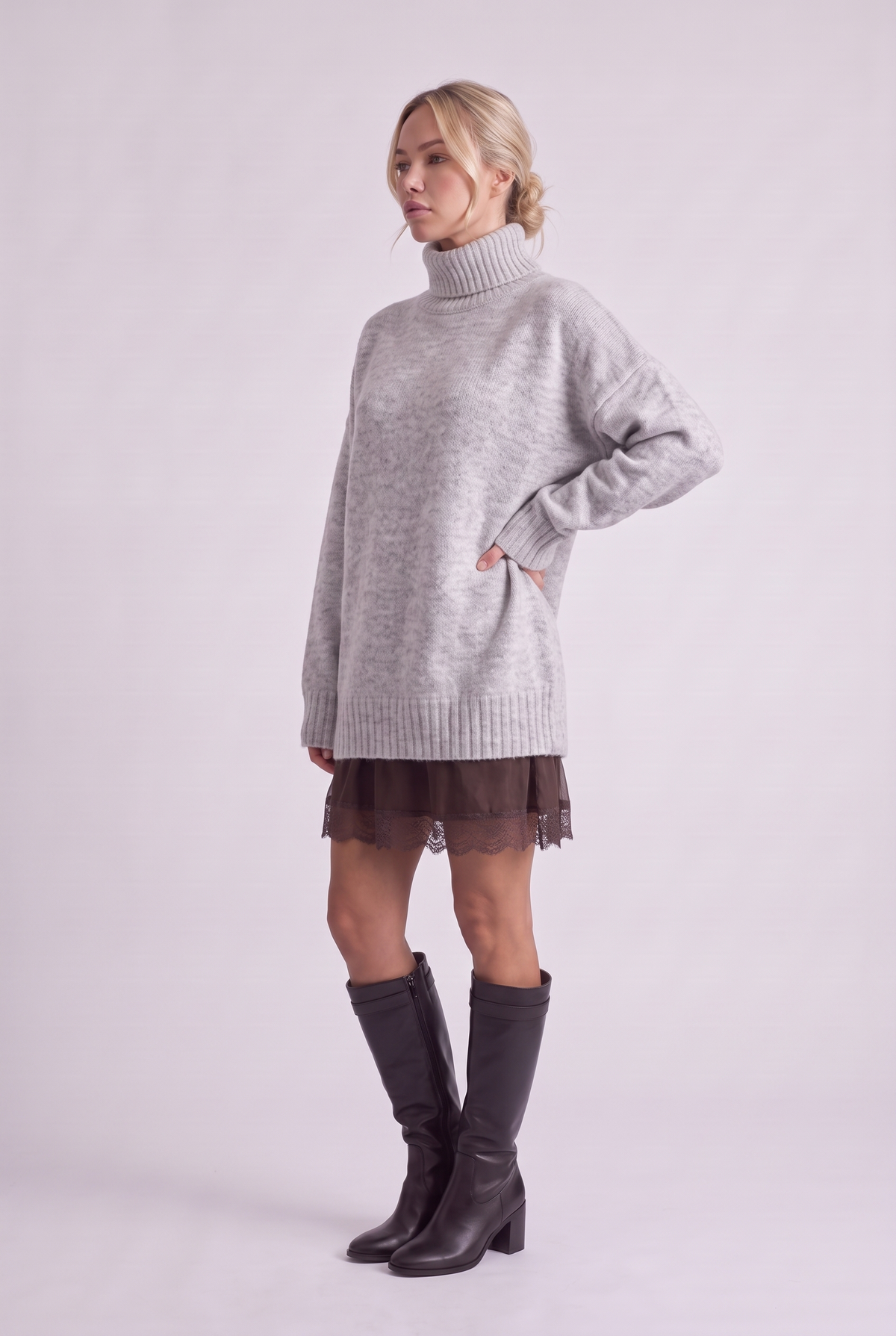 Brielle Oversized Turtleneck Sweater in Light Grey, three-quarter view
