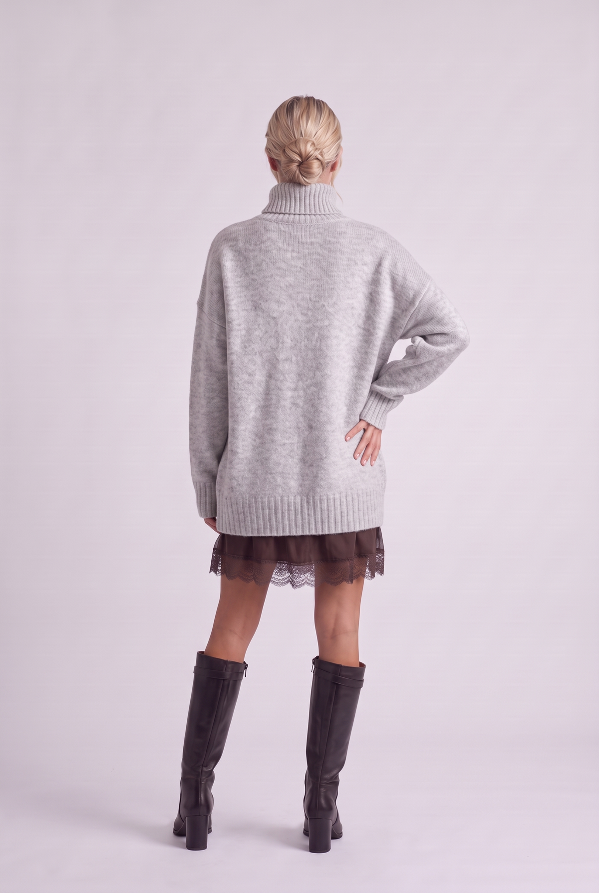Brielle Oversized Turtleneck Sweater in Light Grey, back view