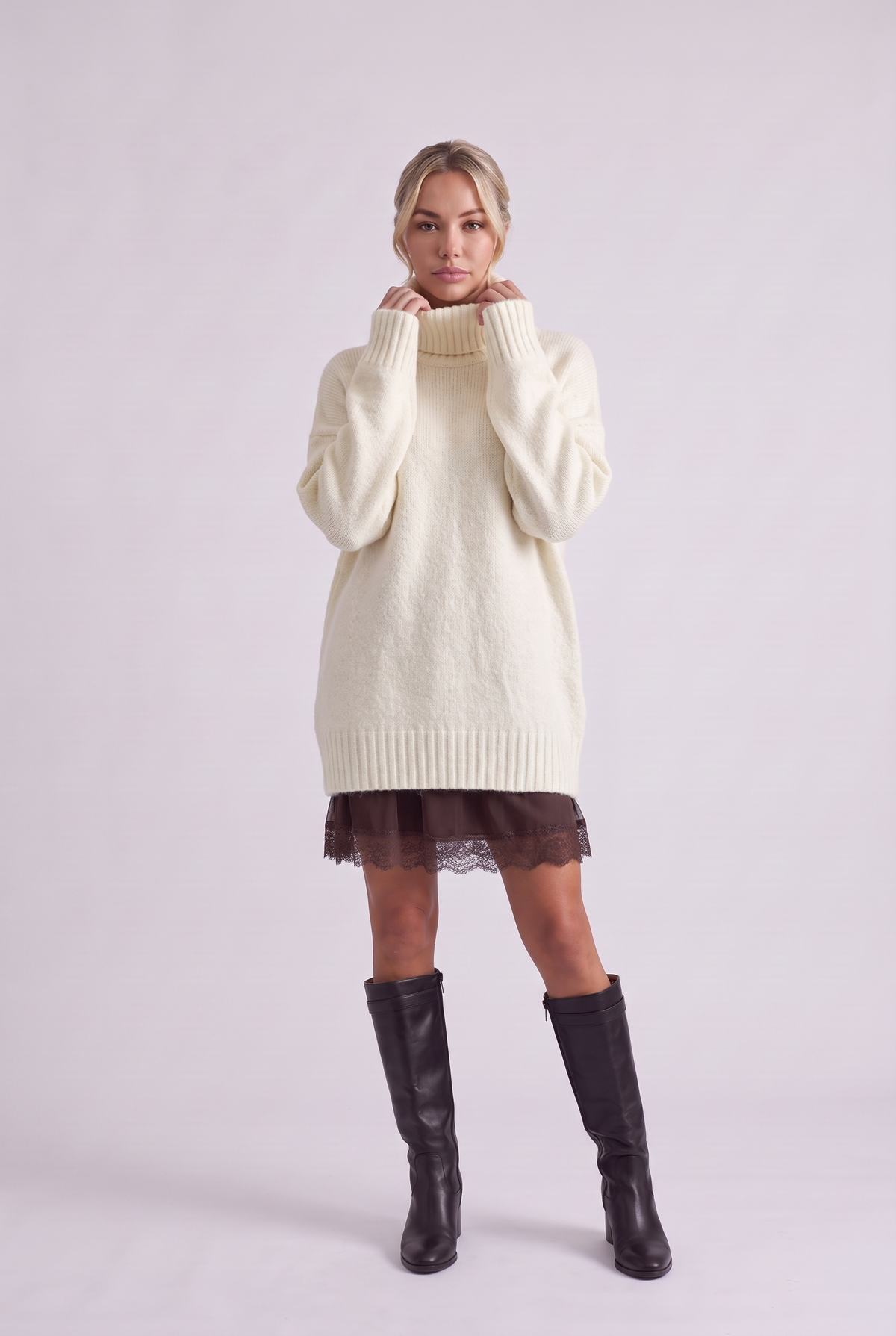 Brielle Oversized Turtleneck Sweater in White, front view