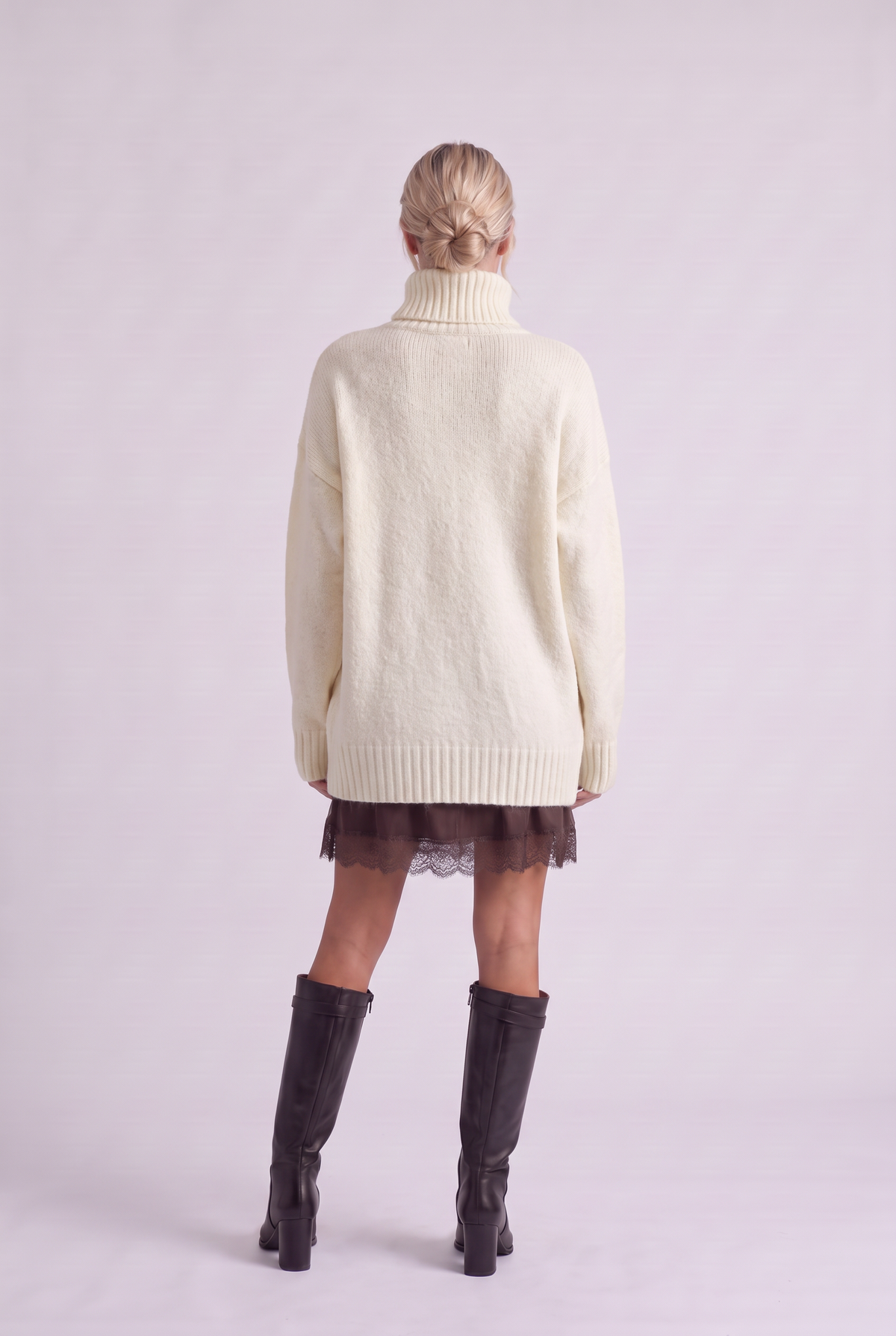 Brielle Oversized Turtleneck Sweater in White, back view