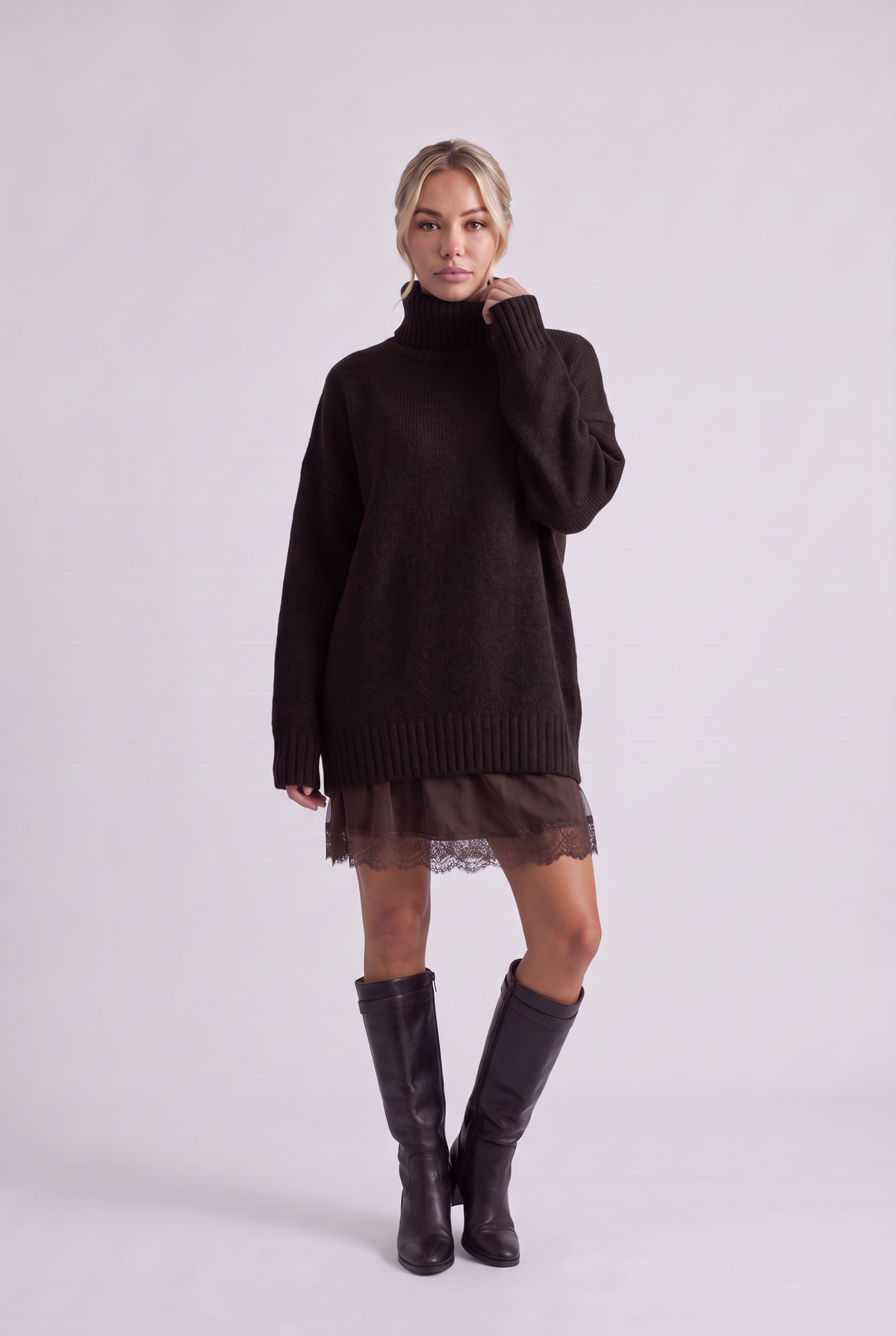 Brielle Oversized Turtleneck Sweater in Dark Brown, front view