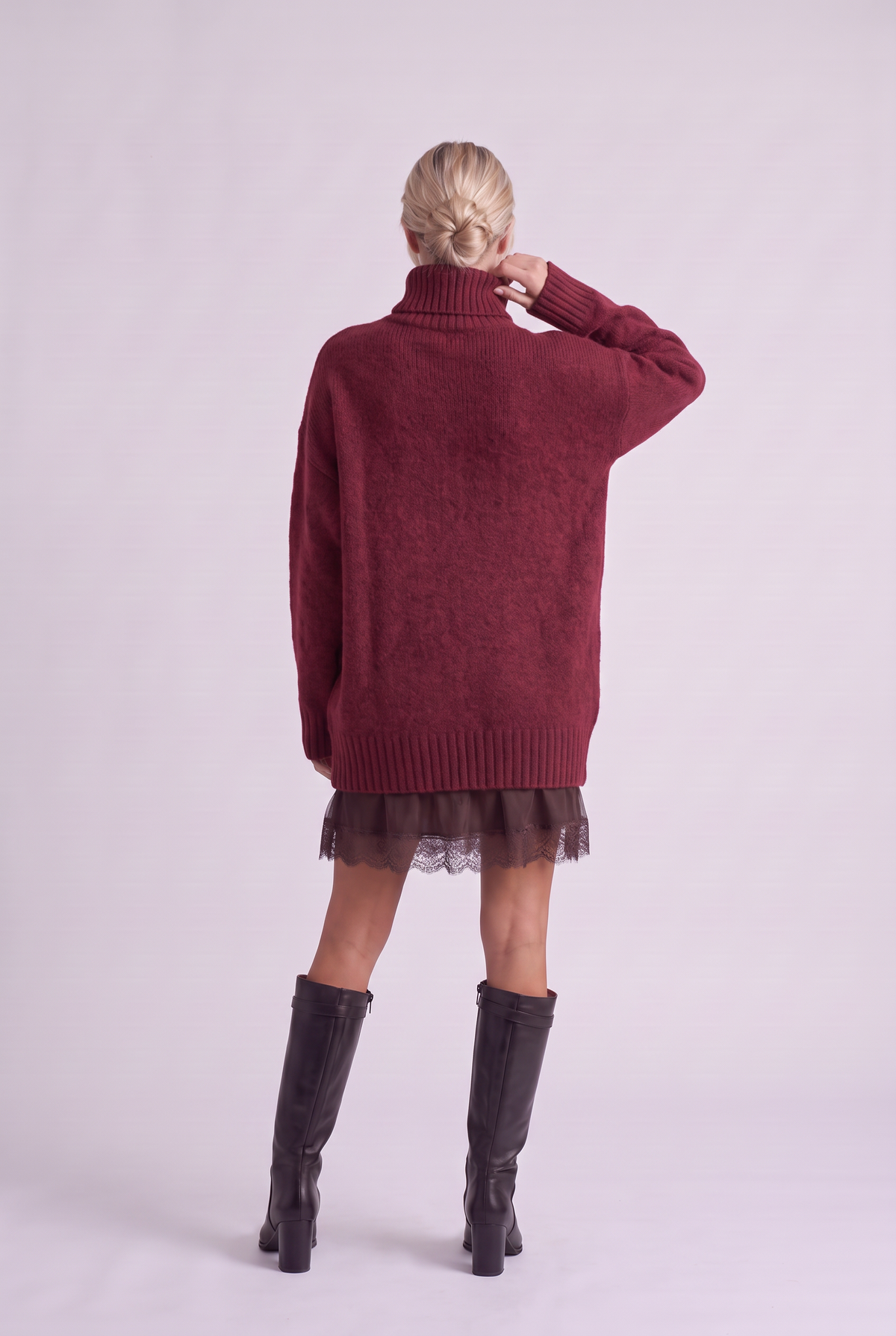 Brielle Oversized Turtleneck Sweater in Wine, back view