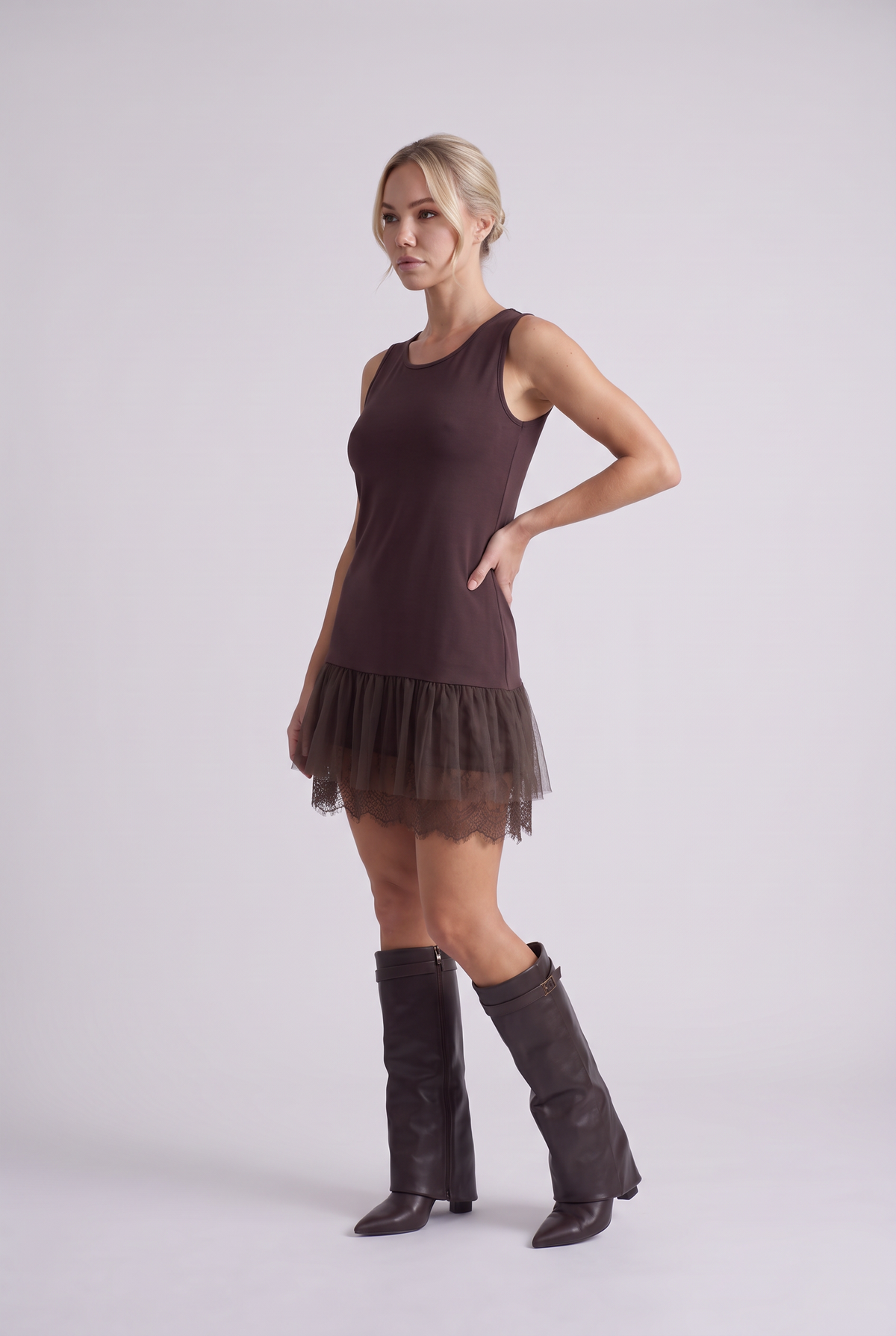 Sylvie Lace Hem Slip Dress in Chocolate Brown, three-quarter view