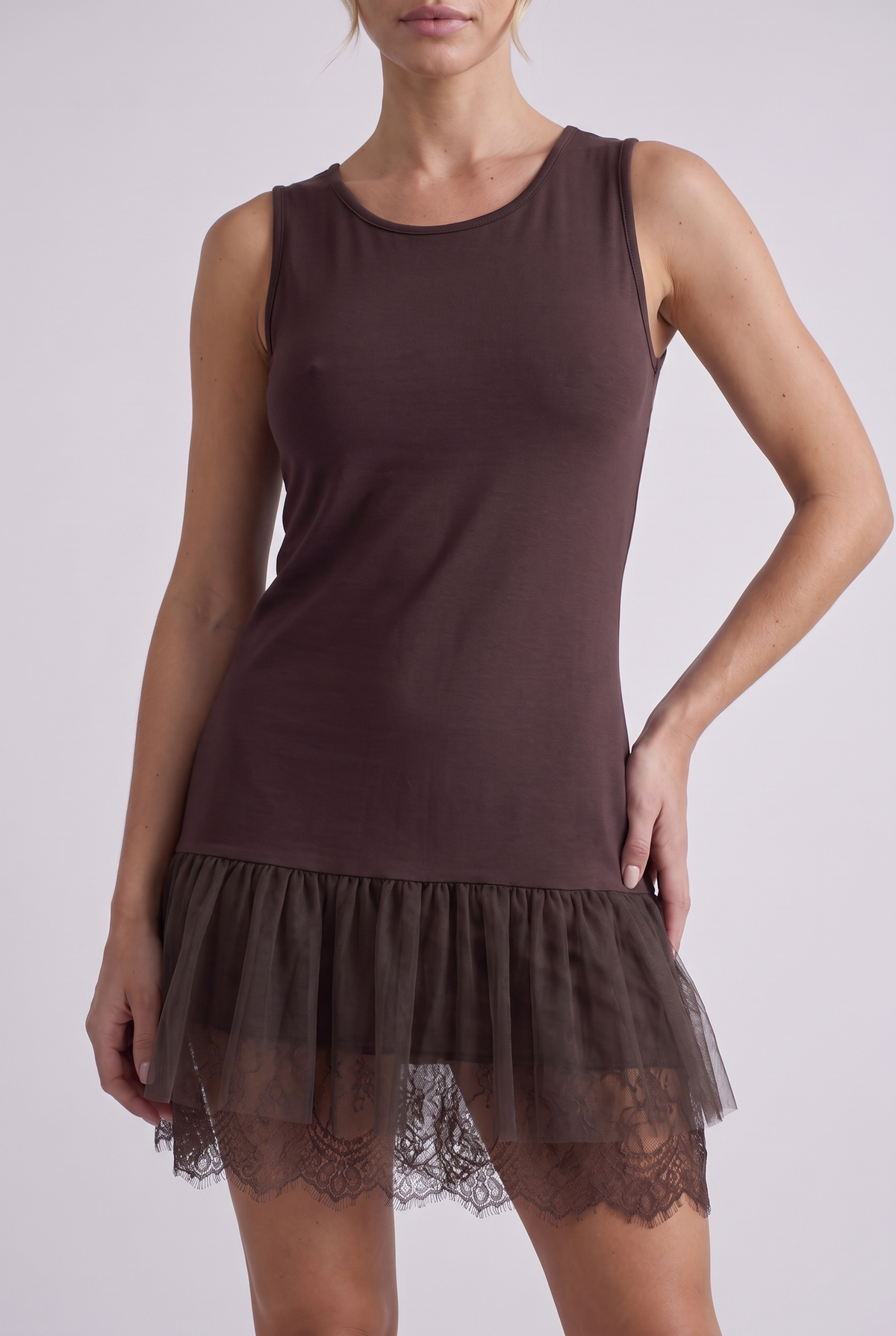 Sylvie Lace Hem Slip Dress in Chocolate Brown, close-up
