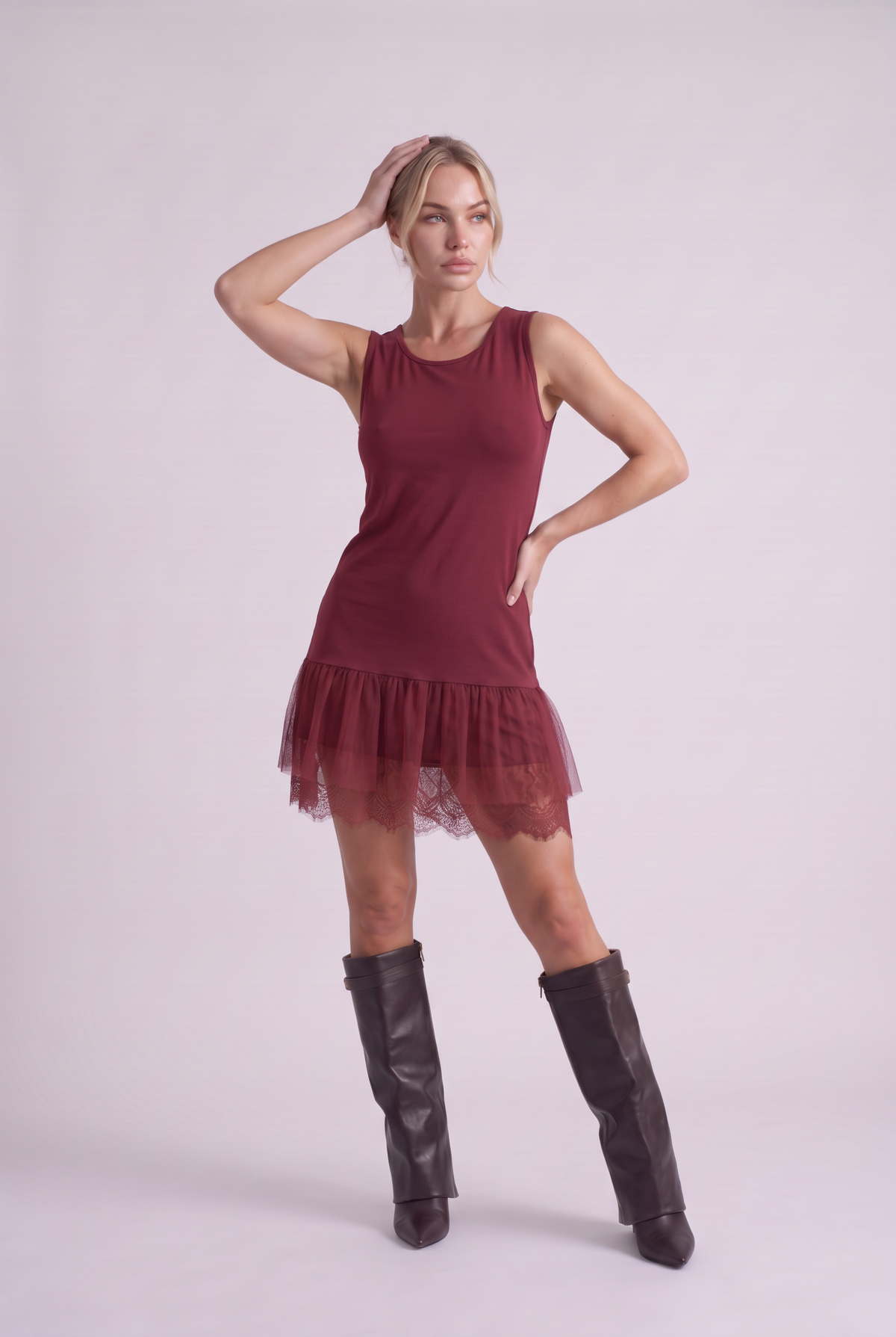 Sylvie Lace Hem Slip Dress in Wine Red, three-quarter view