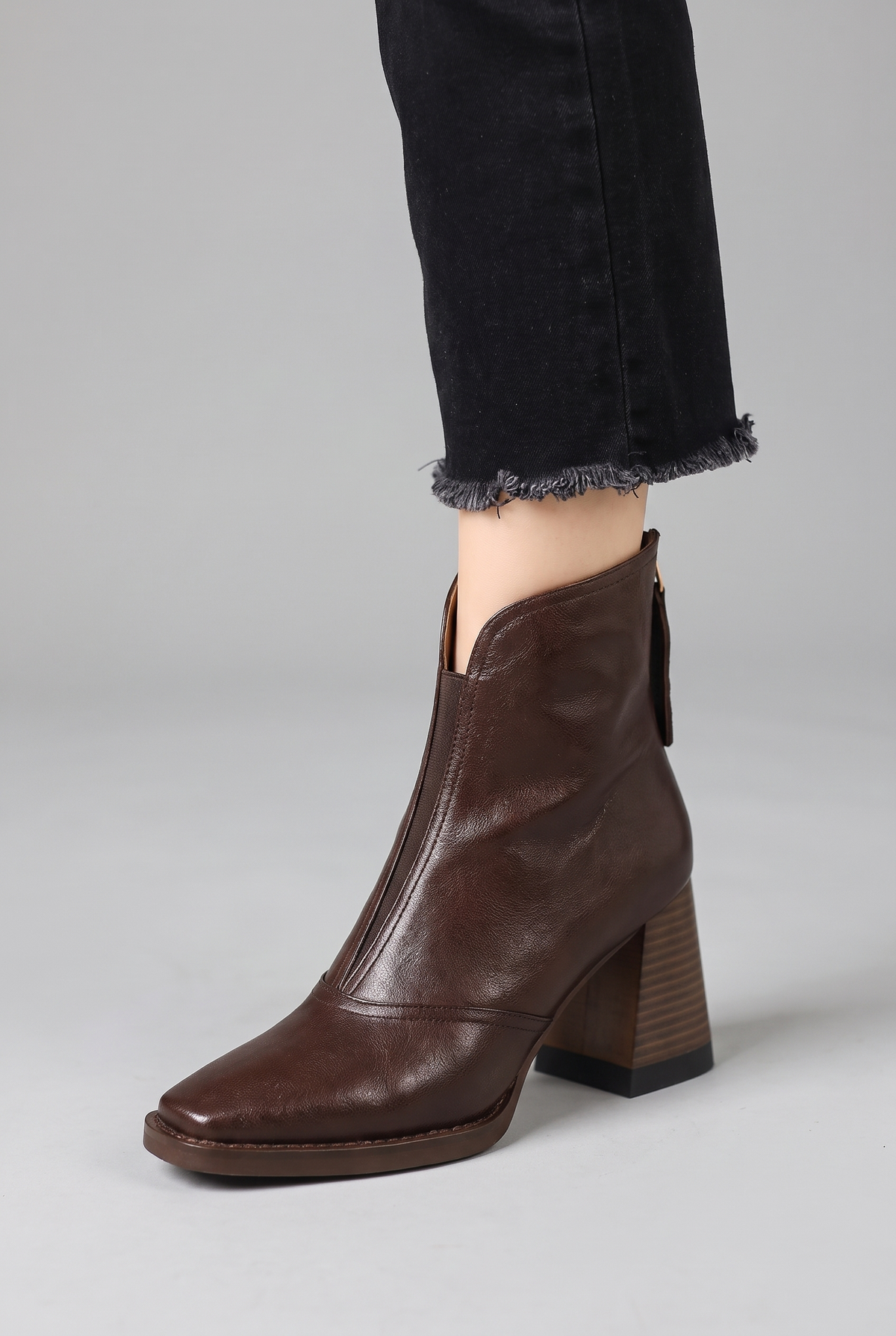 Noemi Square Toe Ankle Boots in Espresso, front three-quarter view