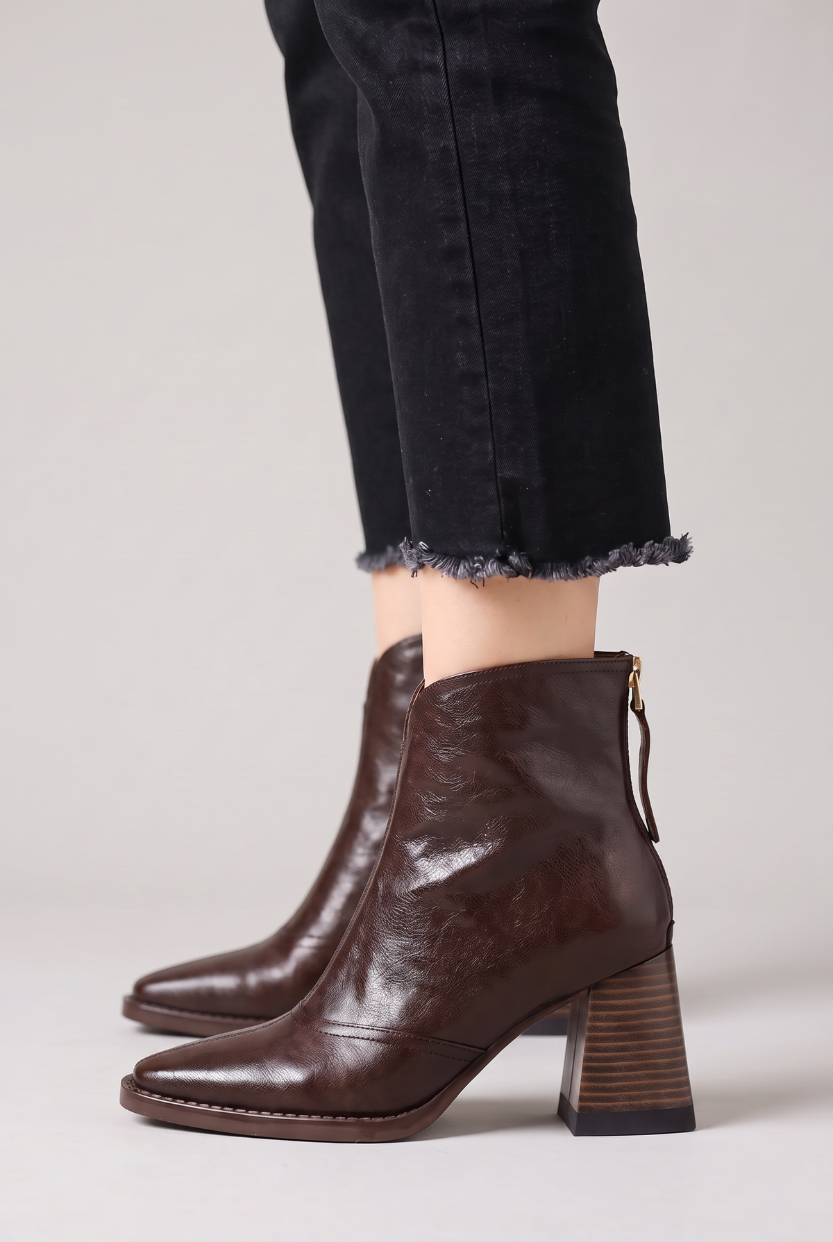 Noemi Square Toe Ankle Boots in Espresso, worn, side view