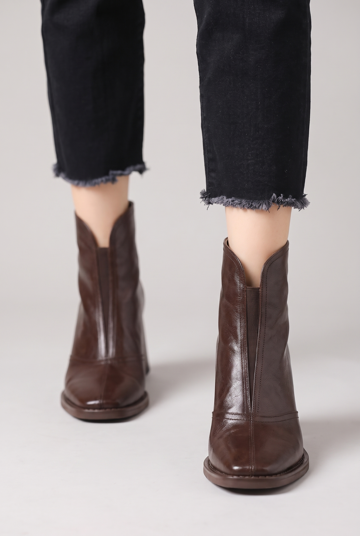 Noemi Square Toe Ankle Boots in Espresso, front view, worn