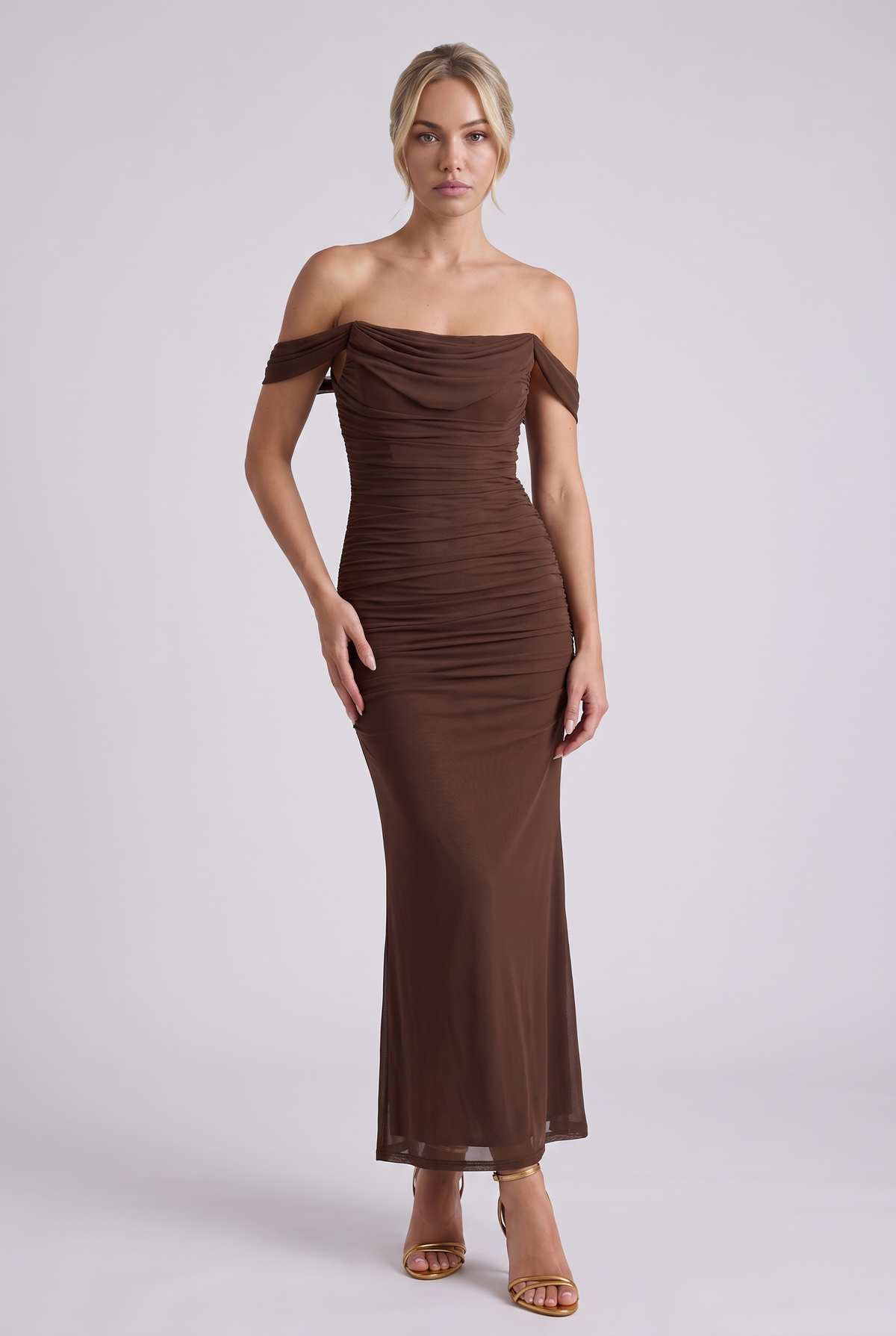 Lucienne Off-Shoulder Ruched Maxi Dress in Brown - front view
