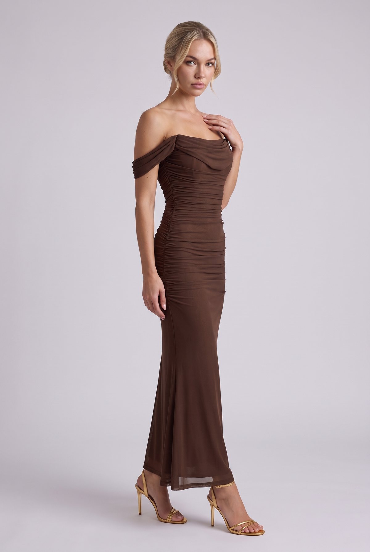 Lucienne Off-Shoulder Ruched Maxi Dress in Brown - three-quarter view