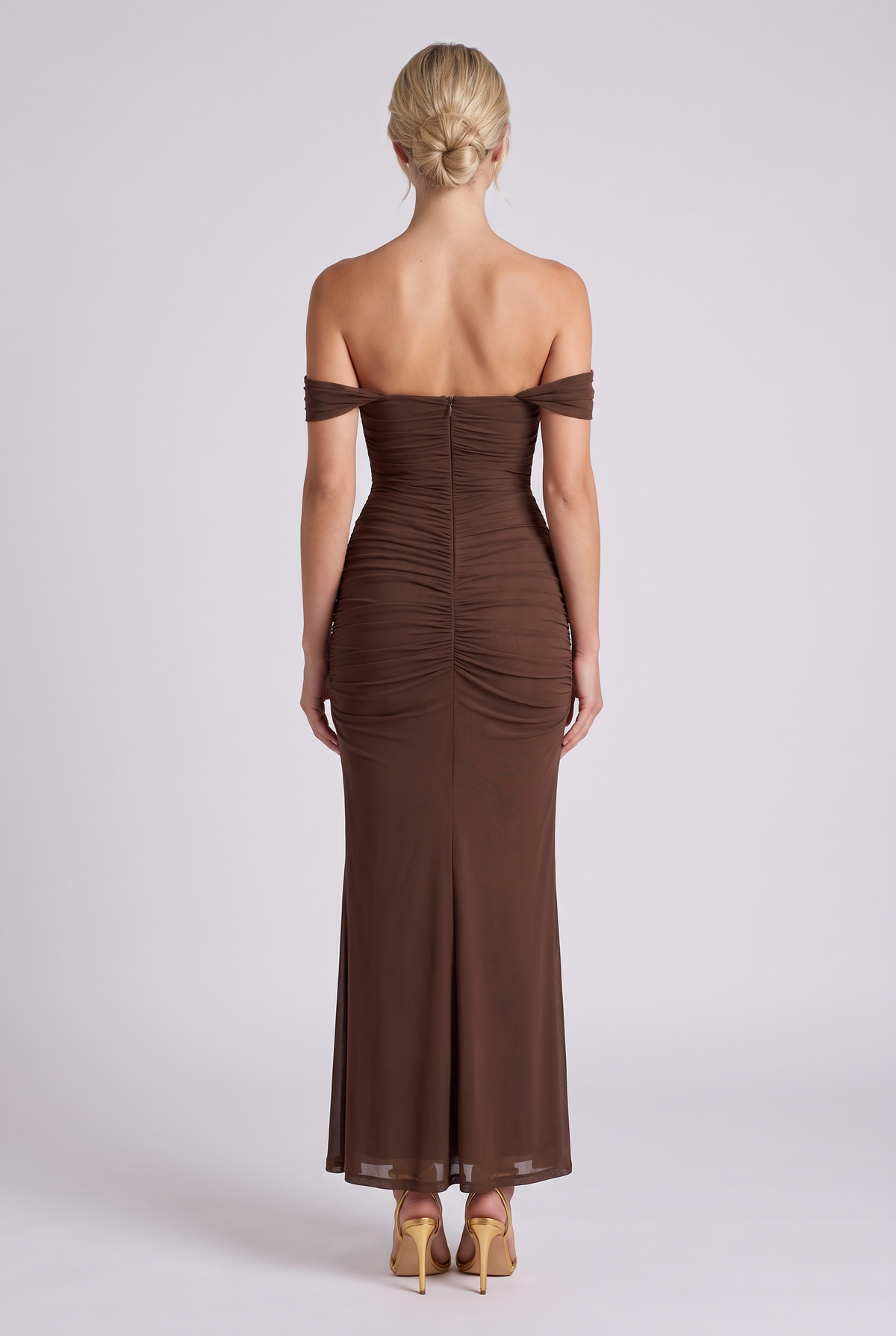 Lucienne Off-Shoulder Ruched Maxi Dress in Brown - back view