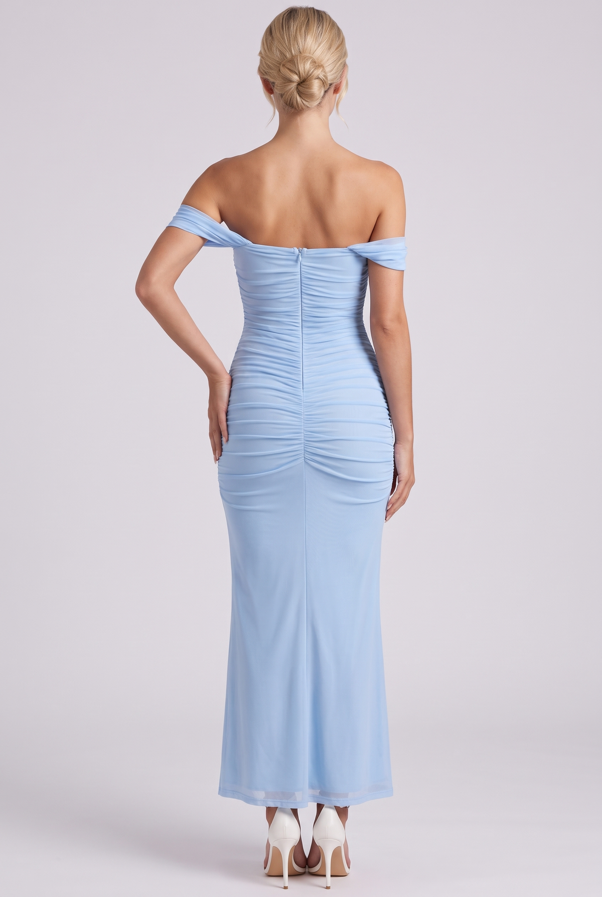 Lucienne Off-Shoulder Ruched Maxi Dress in Light Blue - back view