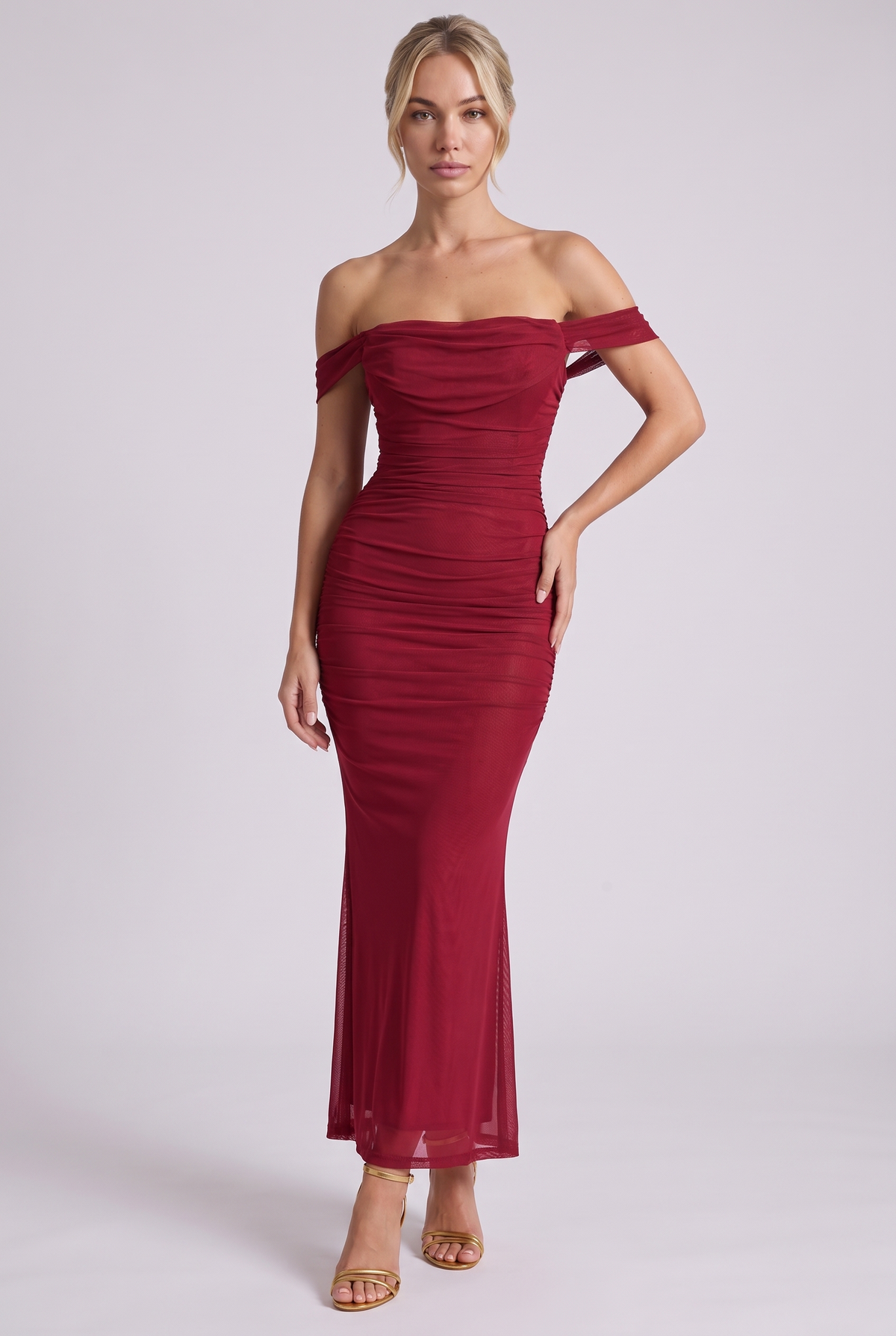 Lucienne Off-Shoulder Ruched Maxi Dress in Wine - front view
