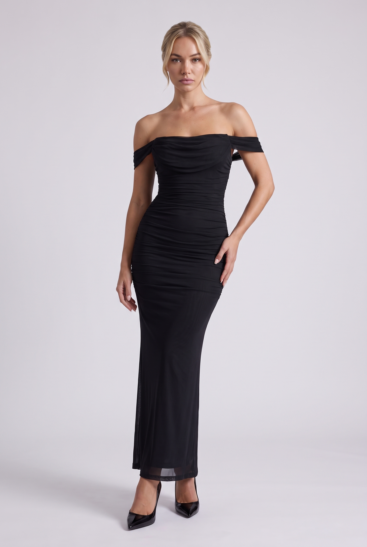 Lucienne Off-Shoulder Ruched Maxi Dress in Black - front view