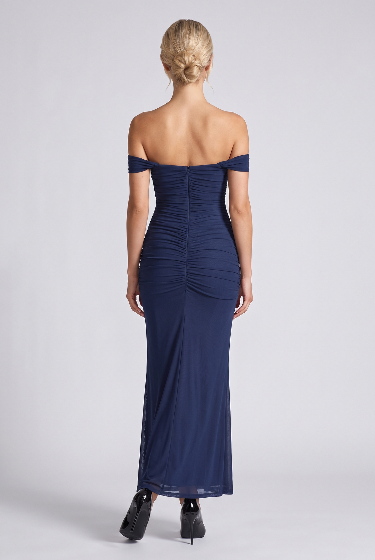 Lucienne Off-Shoulder Ruched Maxi Dress in Navy Blue - back view