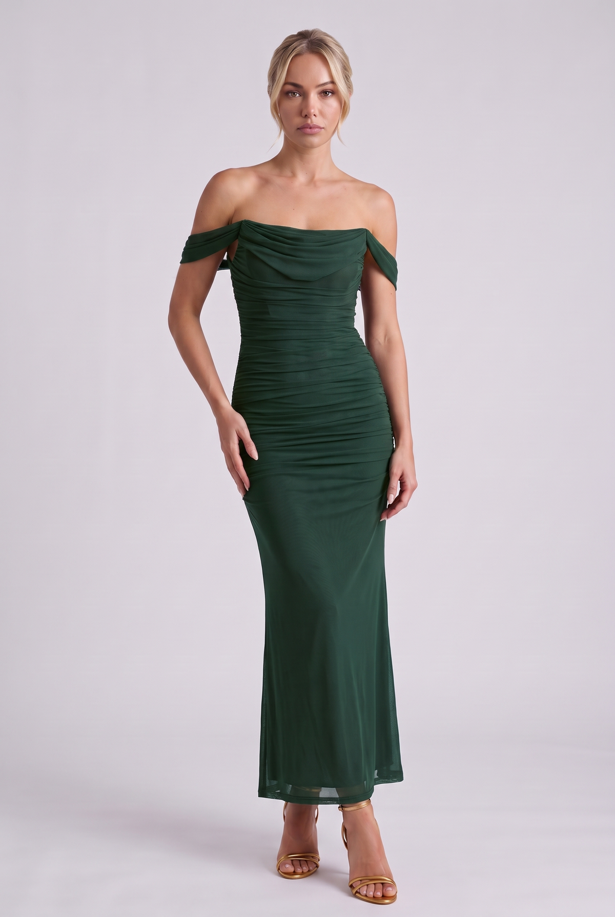 Lucienne Off-Shoulder Ruched Maxi Dress in Dark Green - front view