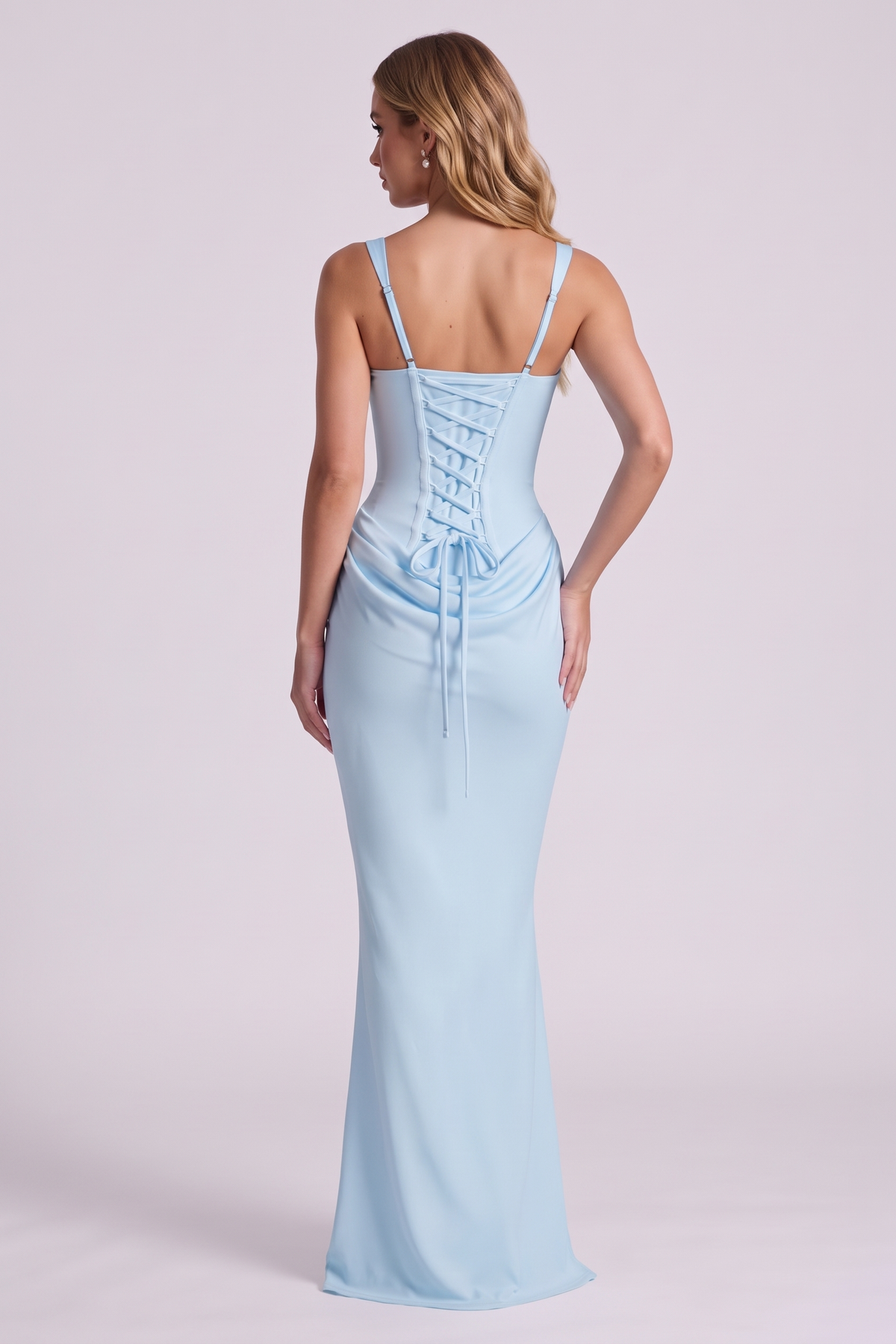 Isadora Corset Gown in Baby Blue, back view