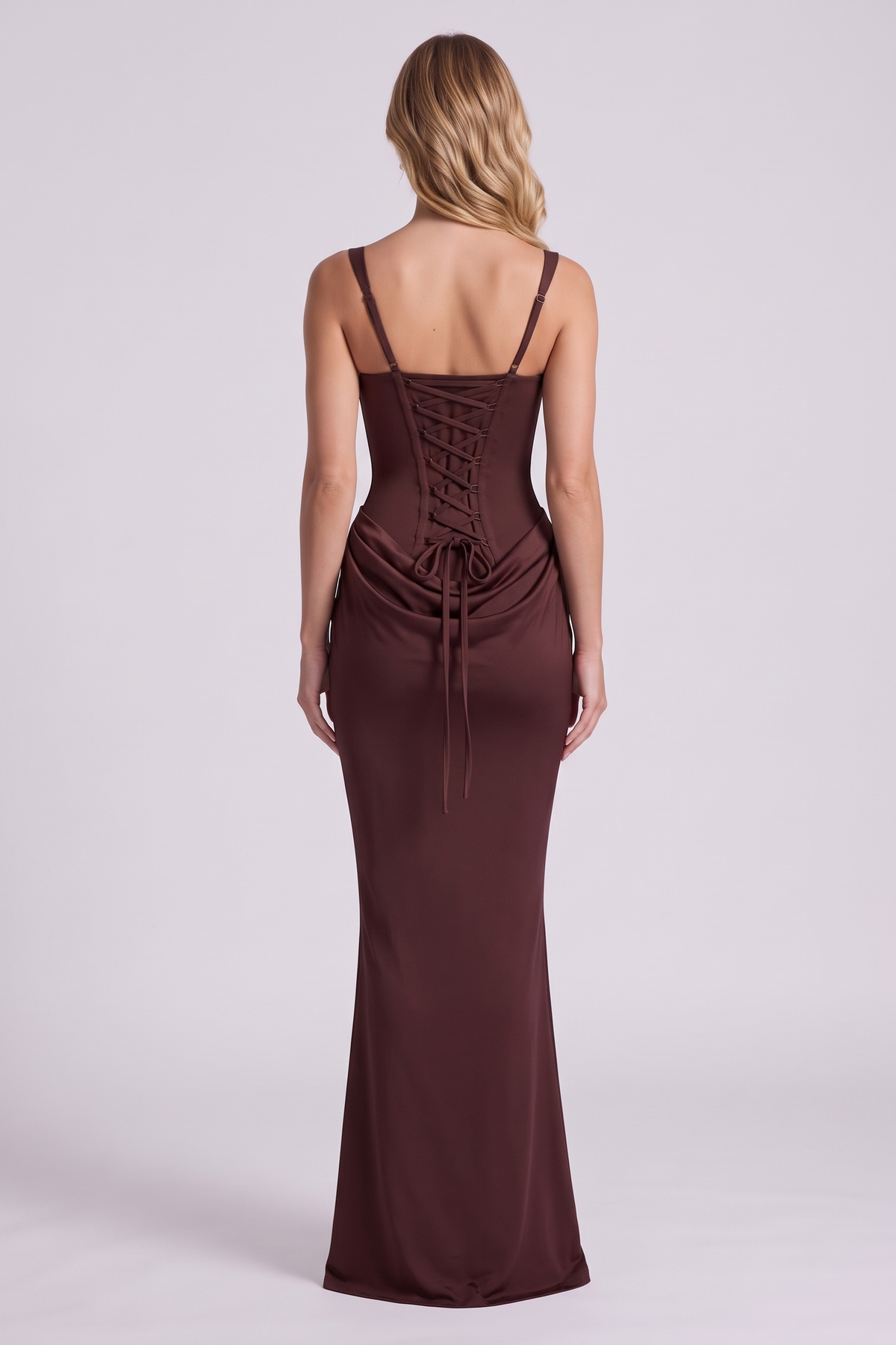 Isadora Corset Gown in Plum Brown, back view