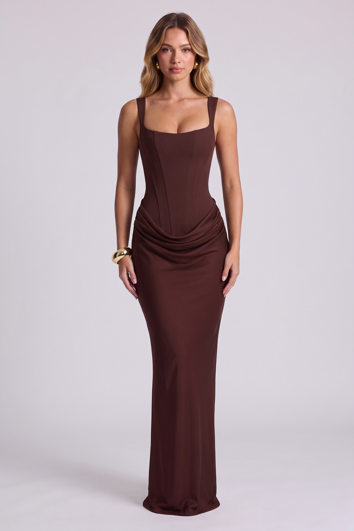 Isadora Corset Gown in Plum Brown, front view