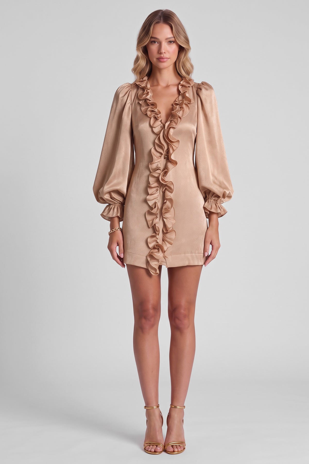 Ottilie Ruffle Balloon Sleeve Mini Dress in Champagne, front view