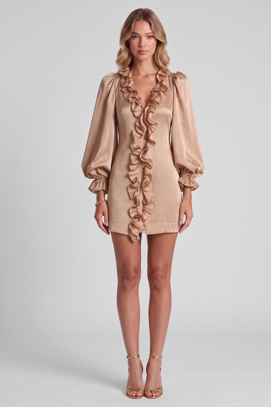 Ottilie Ruffle Balloon Sleeve Mini Dress in Champagne, front view