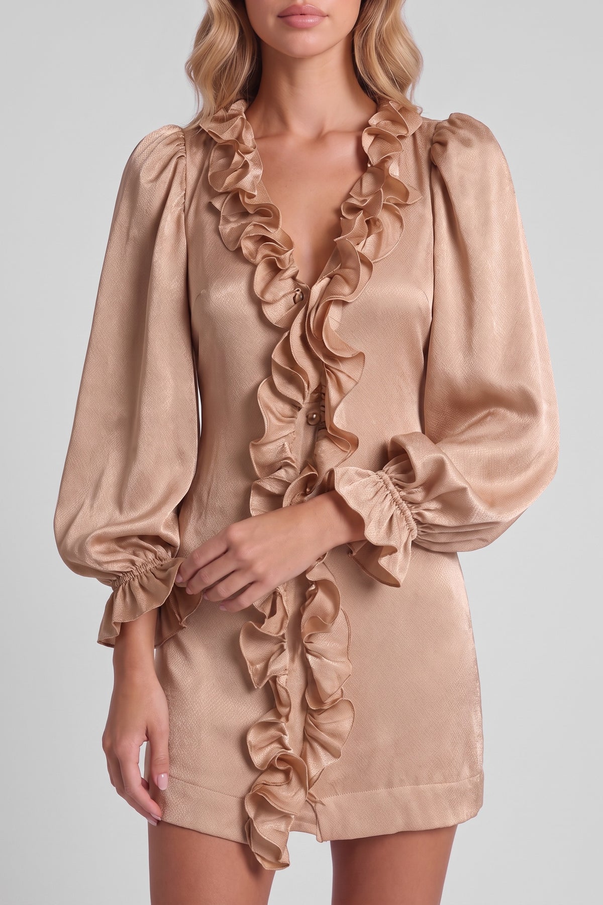 Ottilie Ruffle Balloon Sleeve Mini Dress in Champagne, ruffle and sleeve detail