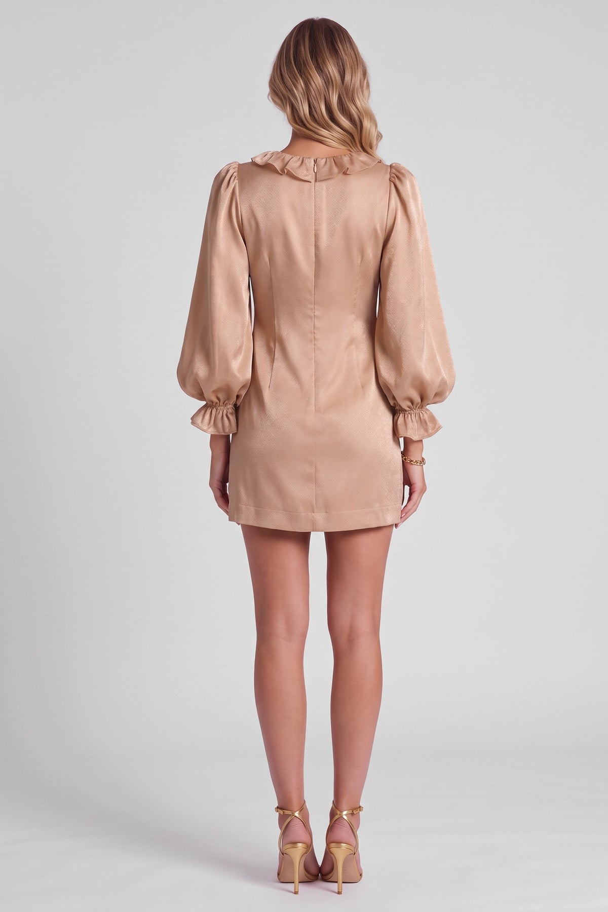 Ottilie Ruffle Balloon Sleeve Mini Dress in Champagne, back view