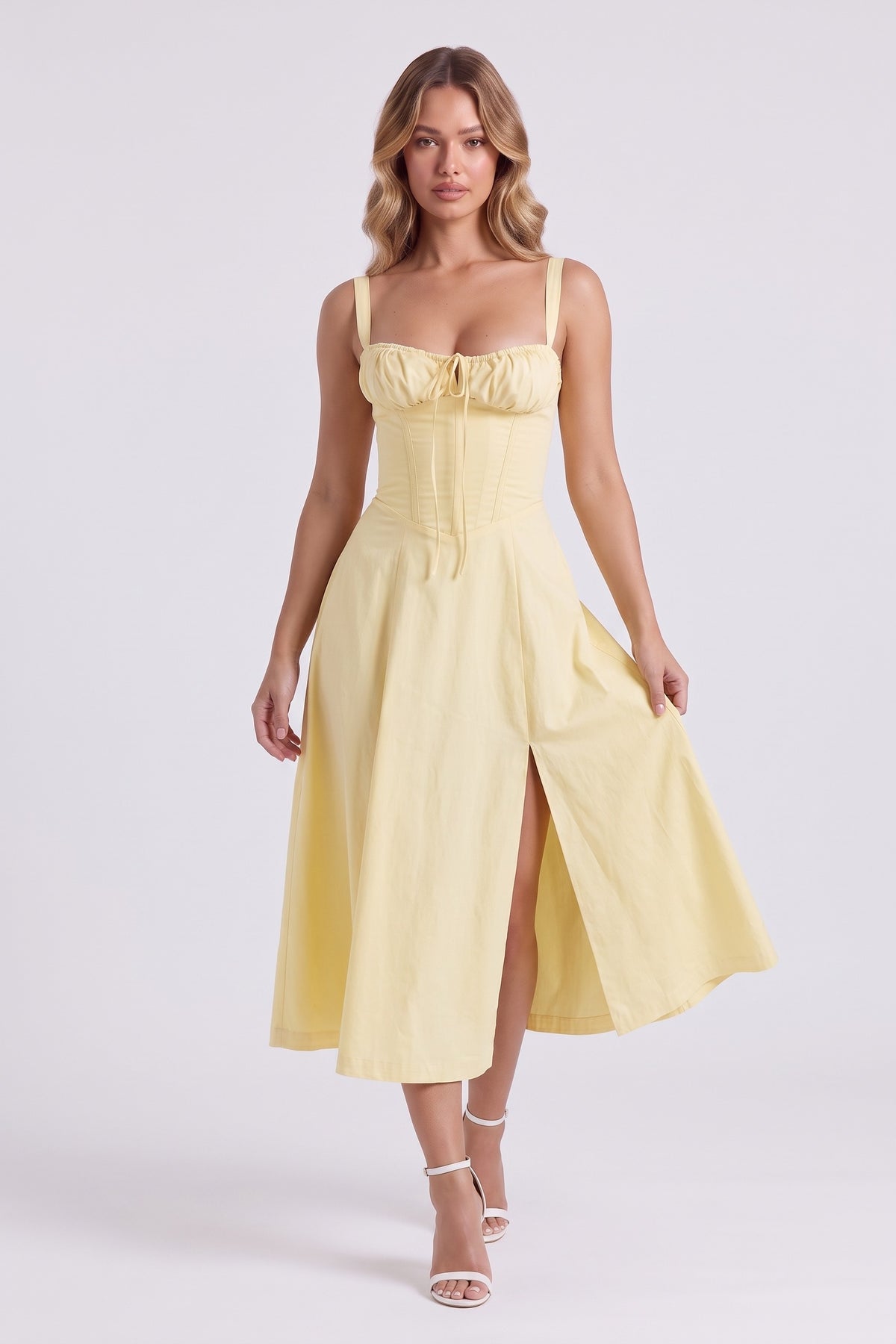 Rosalie Corset Midi Dress - Lemon, in motion