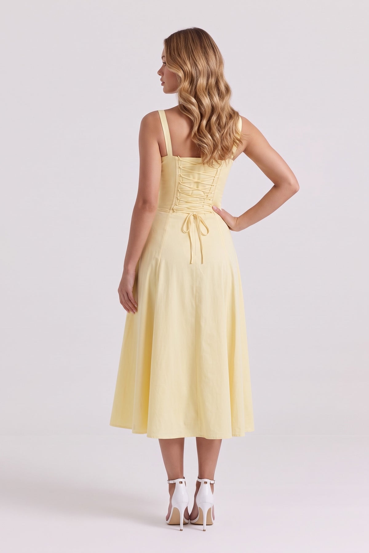 Rosalie Corset Midi Dress - Lemon, lace-up back