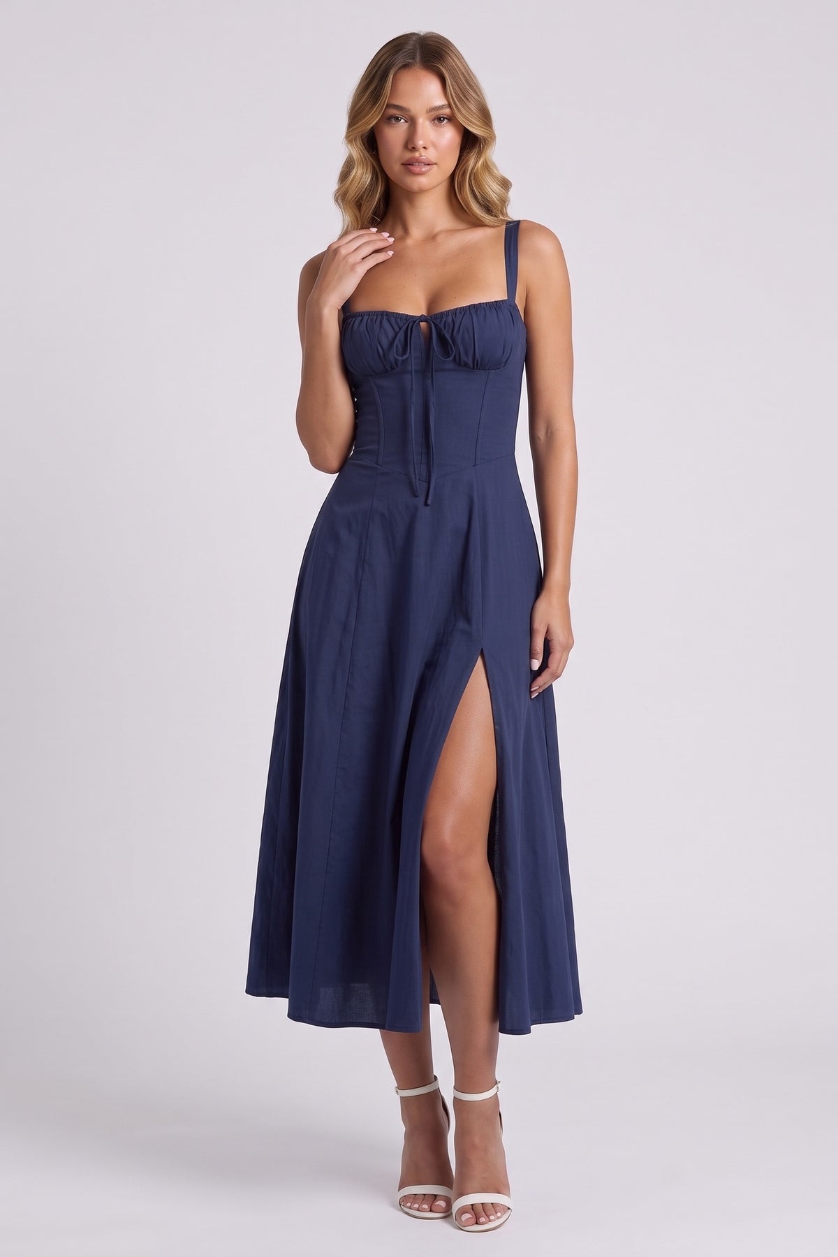 Rosalie Corset Midi Dress - Navy Blue, front view