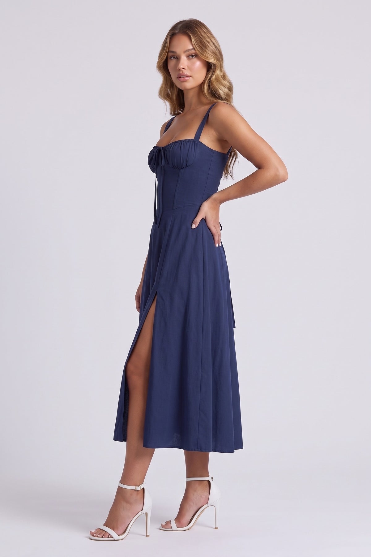 Rosalie Corset Midi Dress - Navy Blue, side view