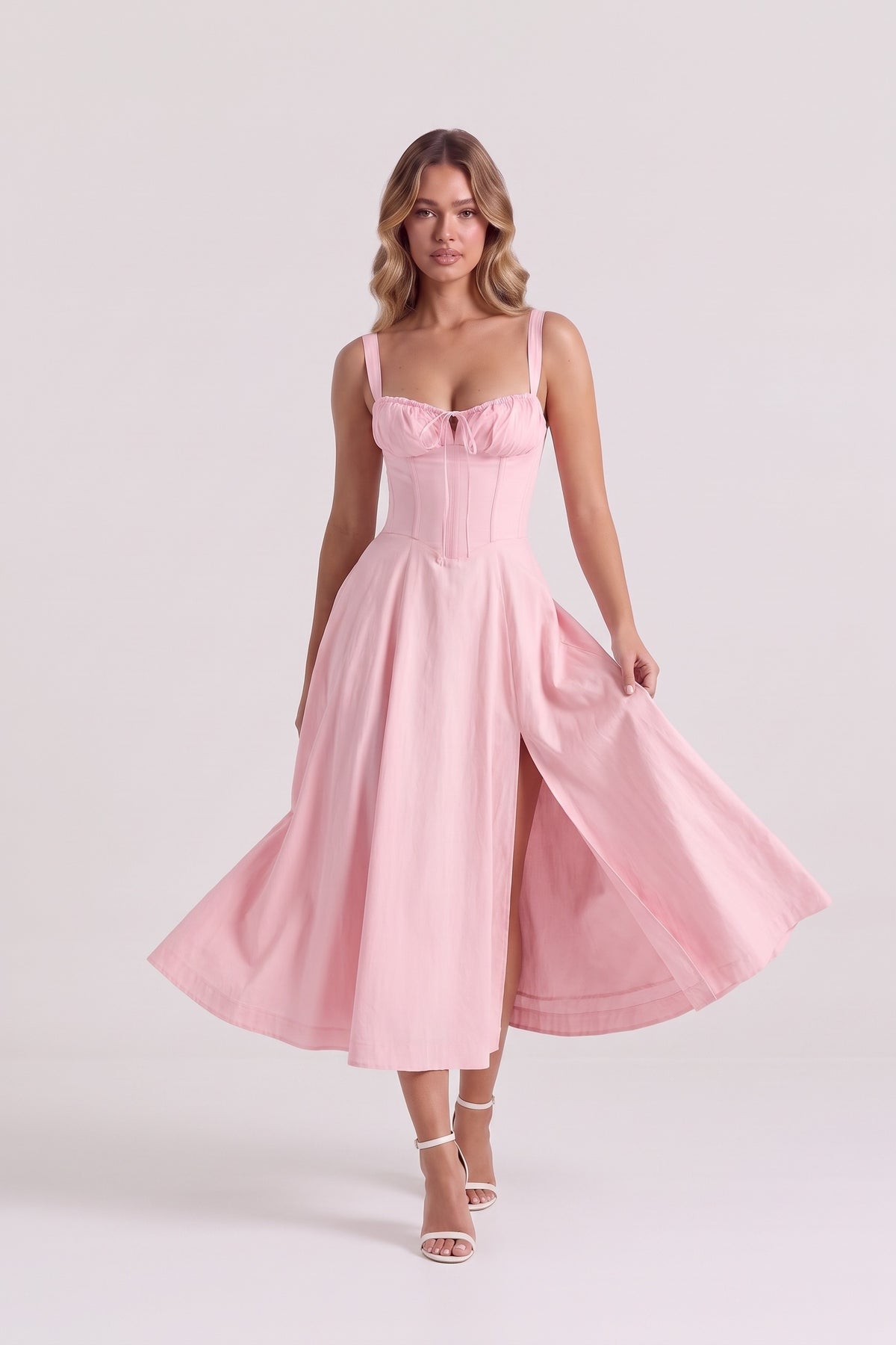 Rosalie Corset Midi Dress - Pink, in motion