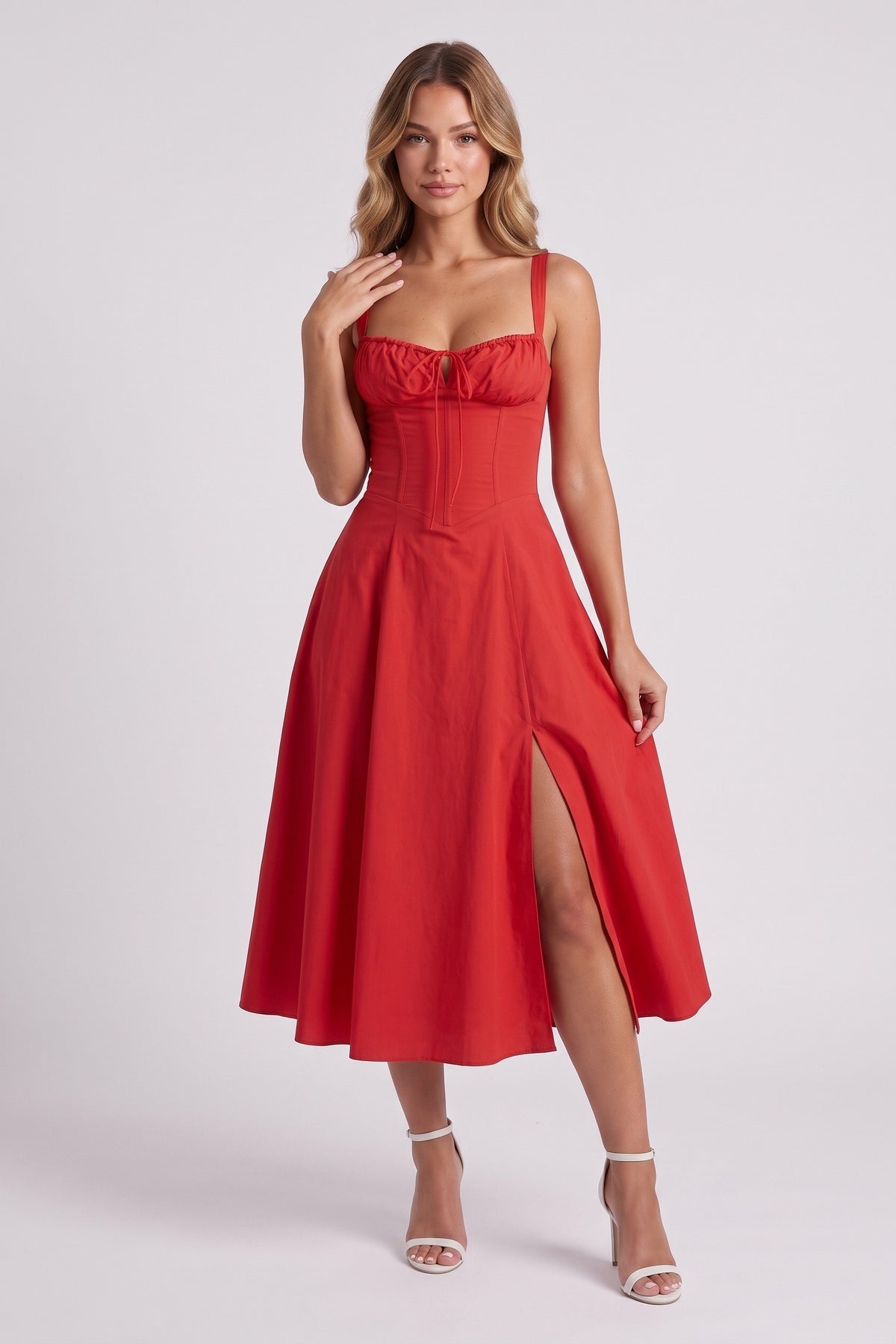 Rosalie Corset Midi Dress - Red, front view