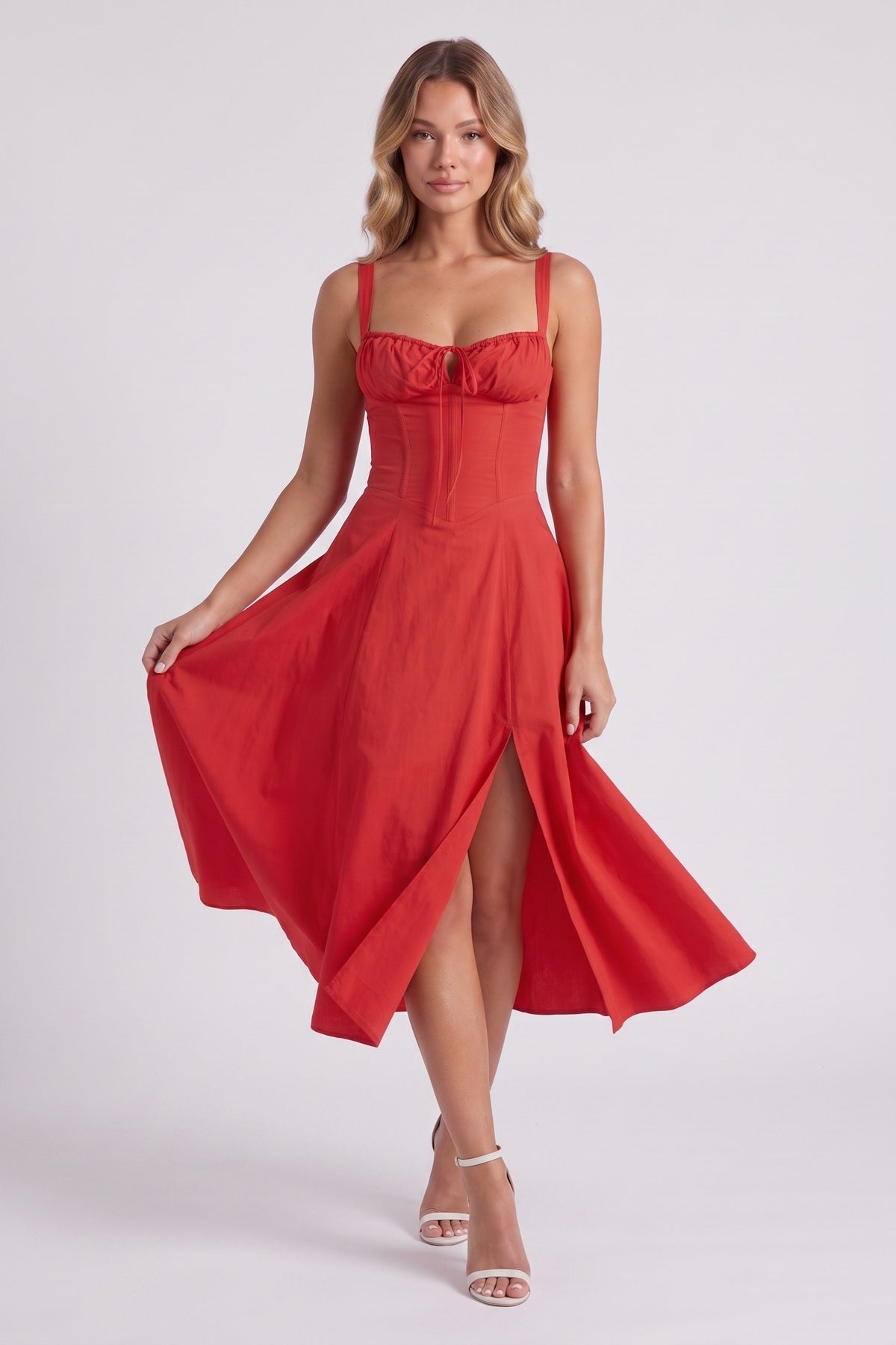 Rosalie Corset Midi Dress - Red, in motion