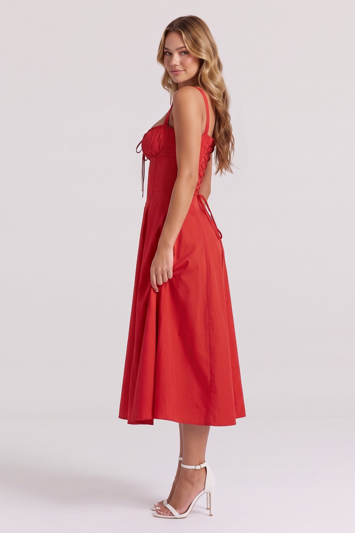 Rosalie Corset Midi Dress - Red, side view